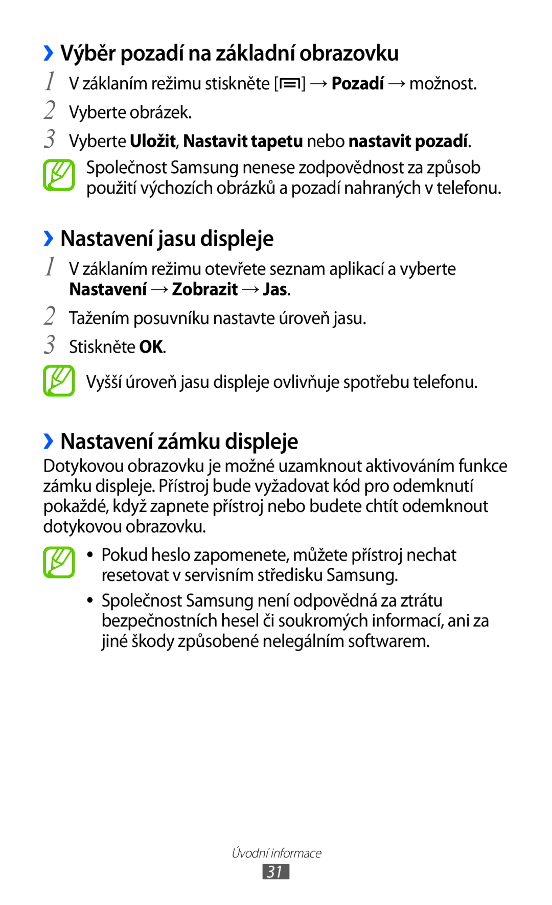 Samsung GT-S6500HAATMZ manual ››Výběr pozadí na základní obrazovku, ››Nastavení jasu displeje, ››Nastavení zámku displeje 