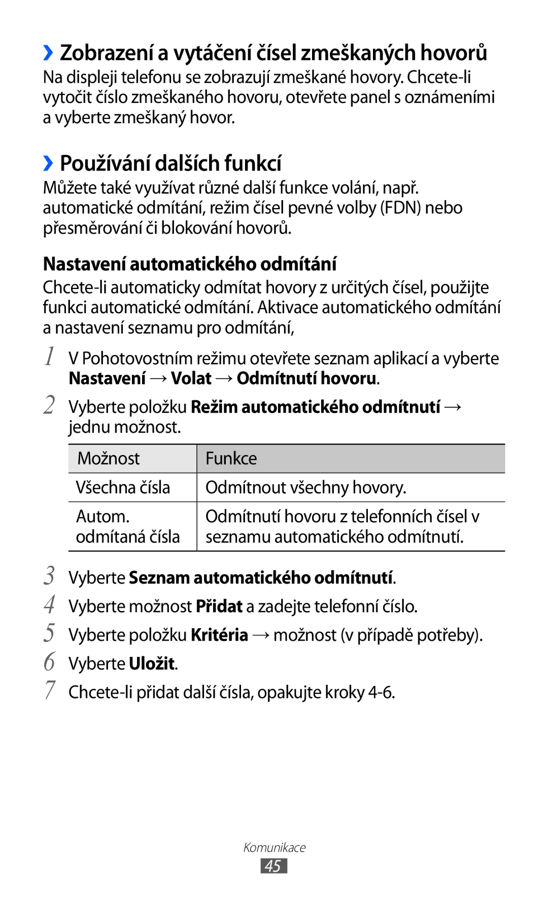 Samsung GT2S6500HAAO2C manual ››Používání dalších funkcí, Možnost Funkce Všechna čísla Odmítnout všechny hovory Autom 