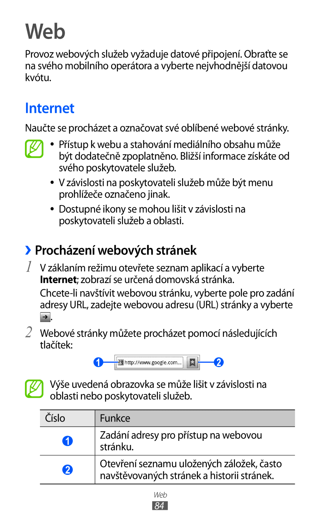 Samsung GT-S6500ZYDXEO, GT-S6500XKASWR, GT2S6500ZYATMZ, GT2S6500HAAO2C manual Web, Internet, ››Procházení webových stránek 