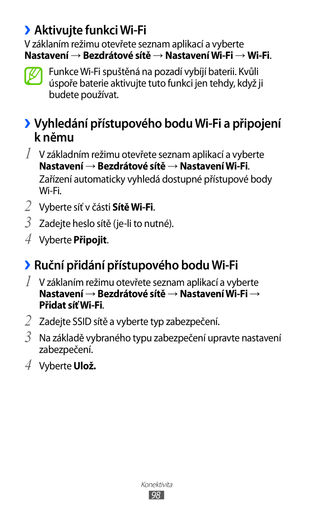 Samsung GT2S6500ZYDXSK, GT-S6500ZYDXEO manual ››Aktivujte funkci Wi-Fi, Němu, ››Ruční přidání přístupového bodu Wi-Fi 