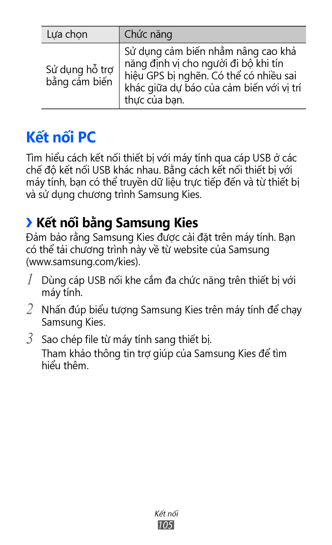 Samsung GT-S6500ZYDXXV manual Kết nối PC, ››Kết nối bằng Samsung Kies 