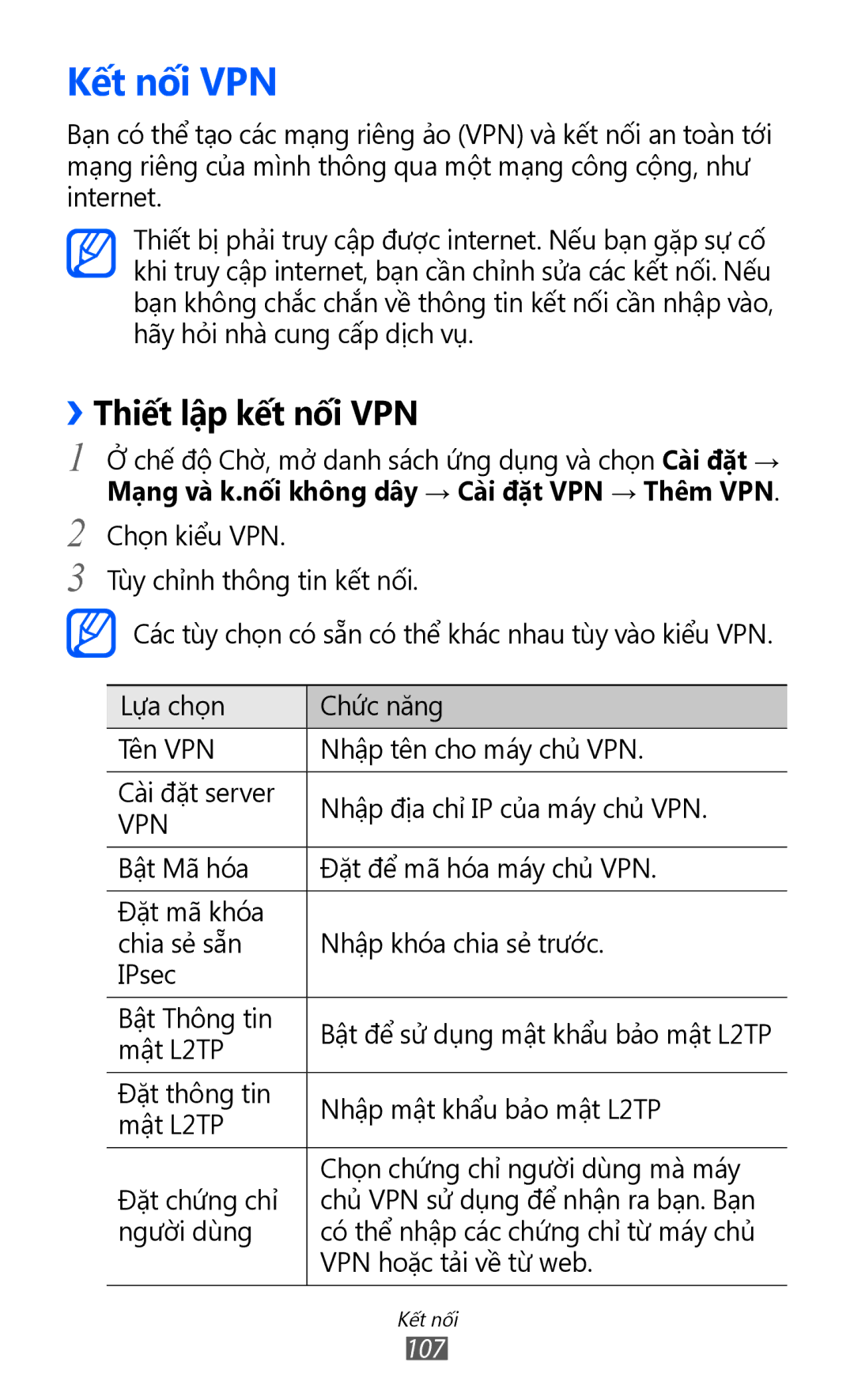 Samsung GT-S6500ZYDXXV manual Kết nối VPN, ››Thiết lập kết nối VPN 