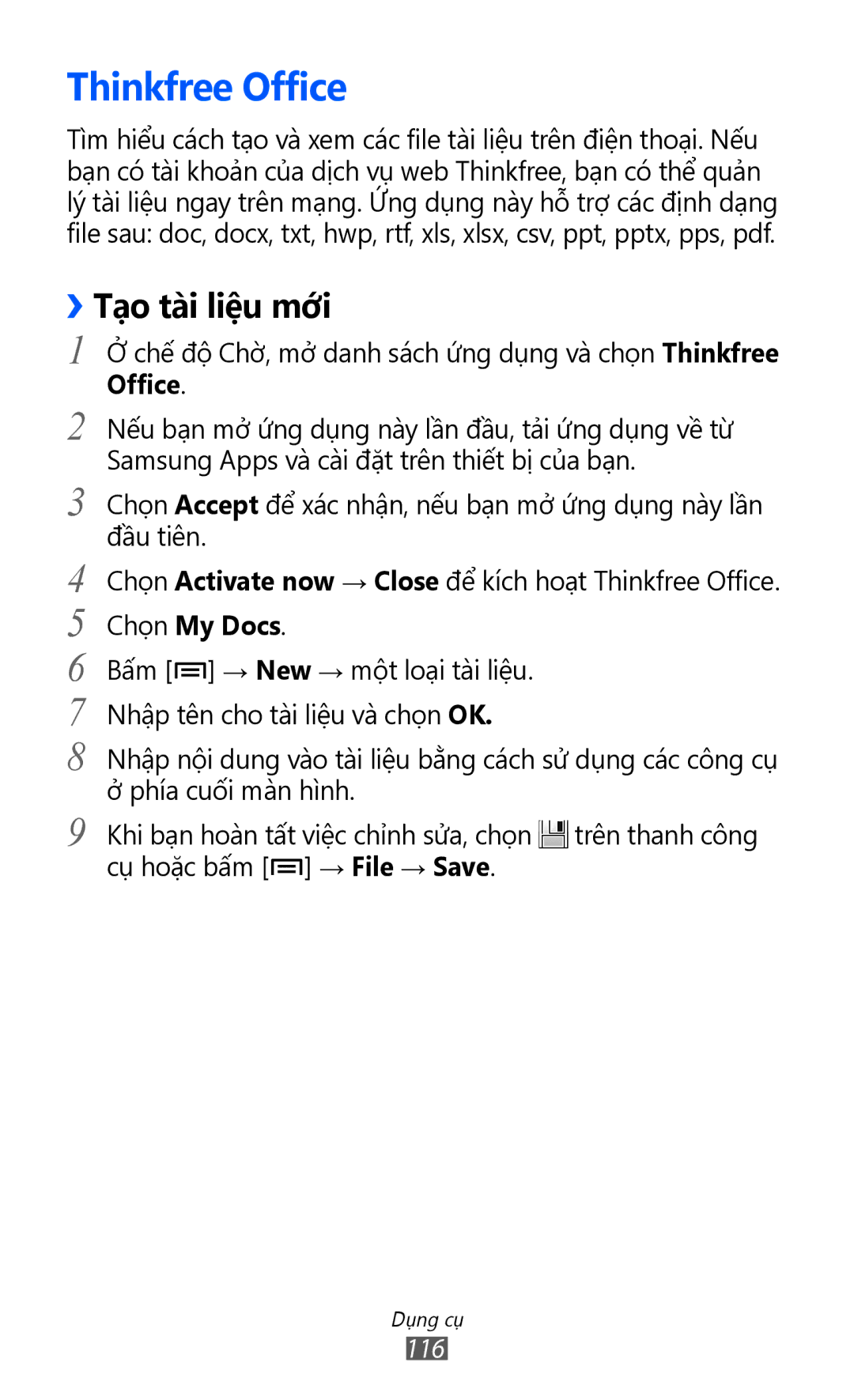 Samsung GT-S6500ZYDXXV manual Thinkfree Office, ››Tạ̣o tài liệu mới, Chọn My Docs 