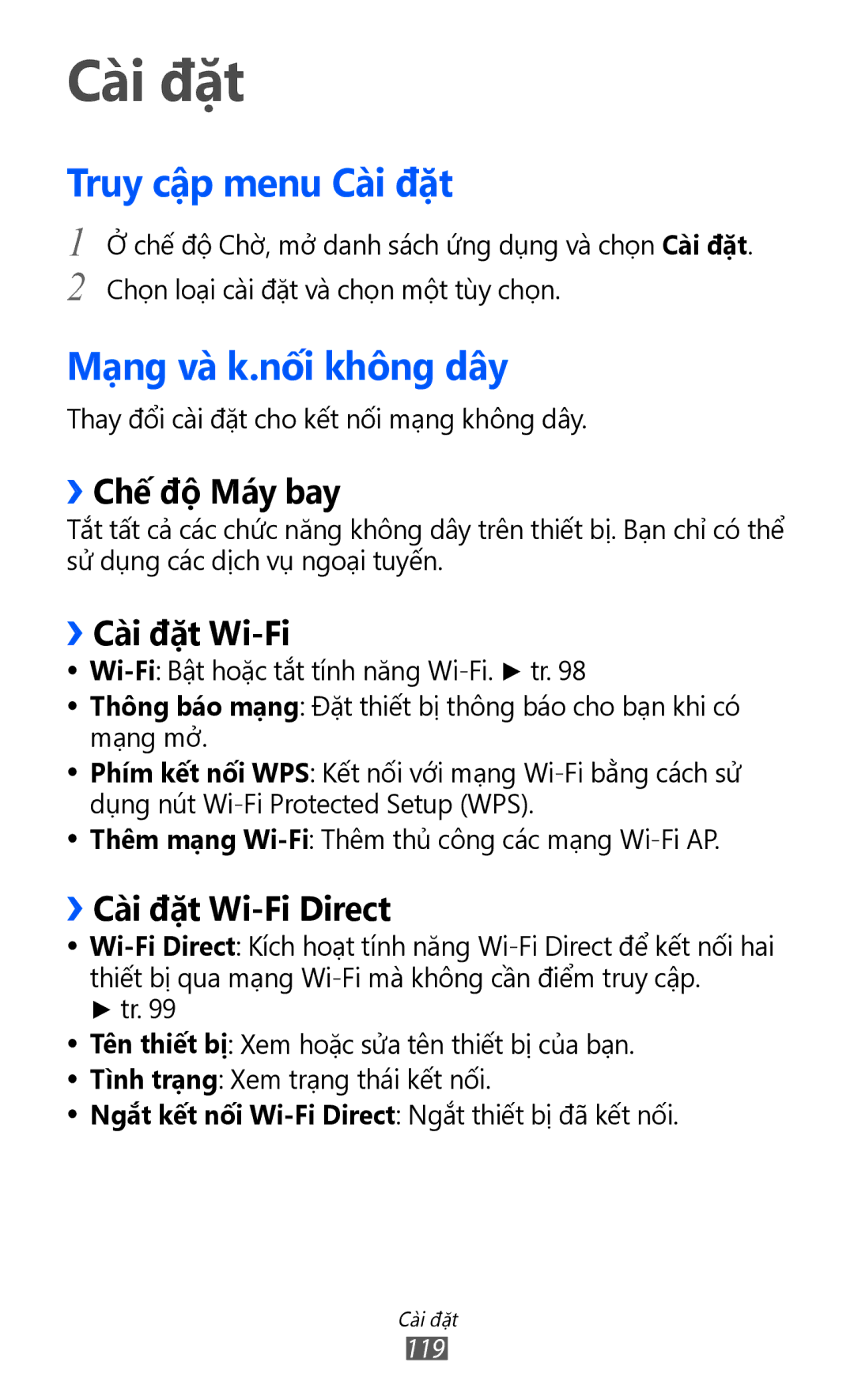 Samsung GT-S6500ZYDXXV manual Truy cập menu Cài đặt, Mạ̣ng và k.nôi không dây 