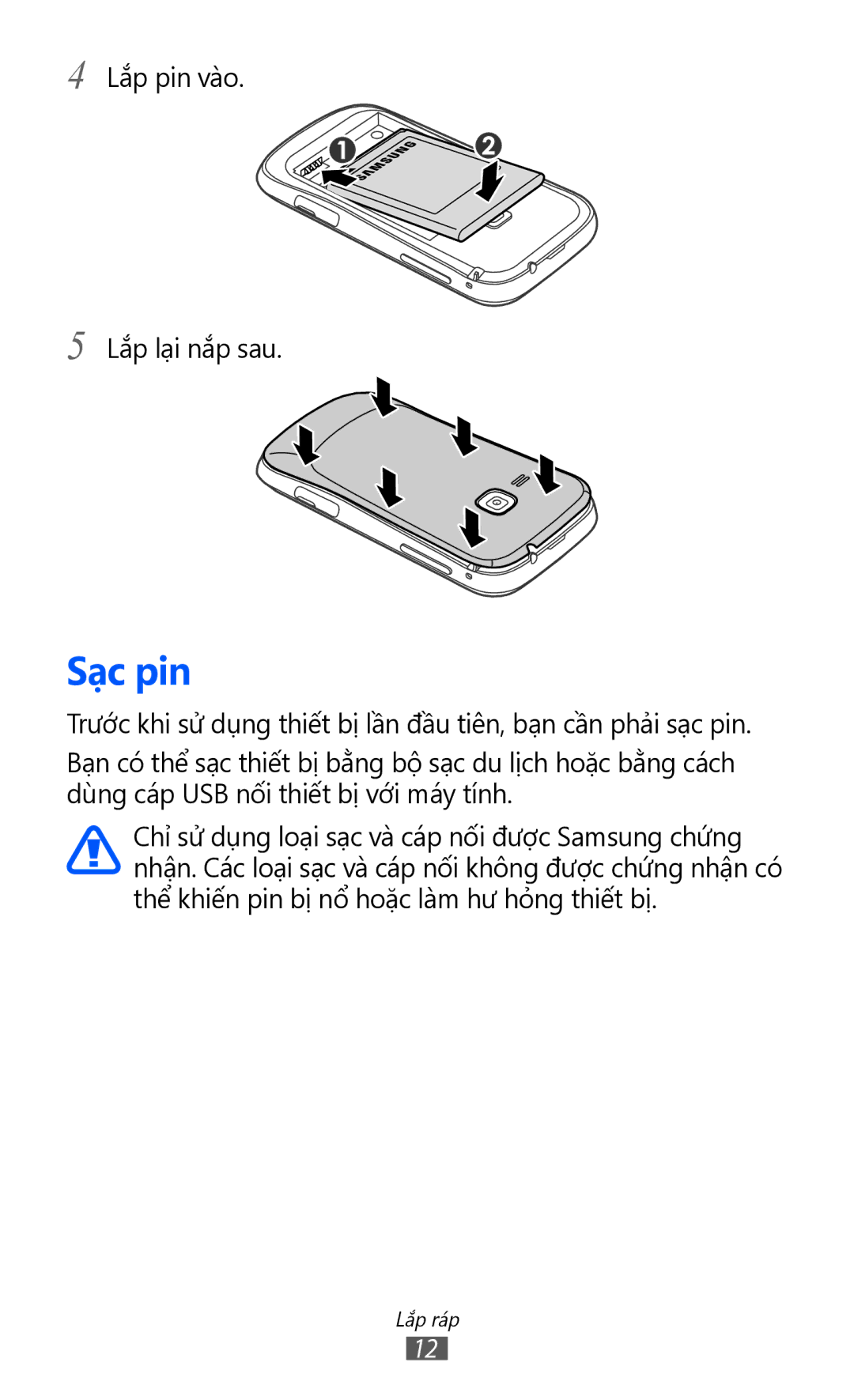 Samsung GT-S6500ZYDXXV manual Sạ̣c pin 