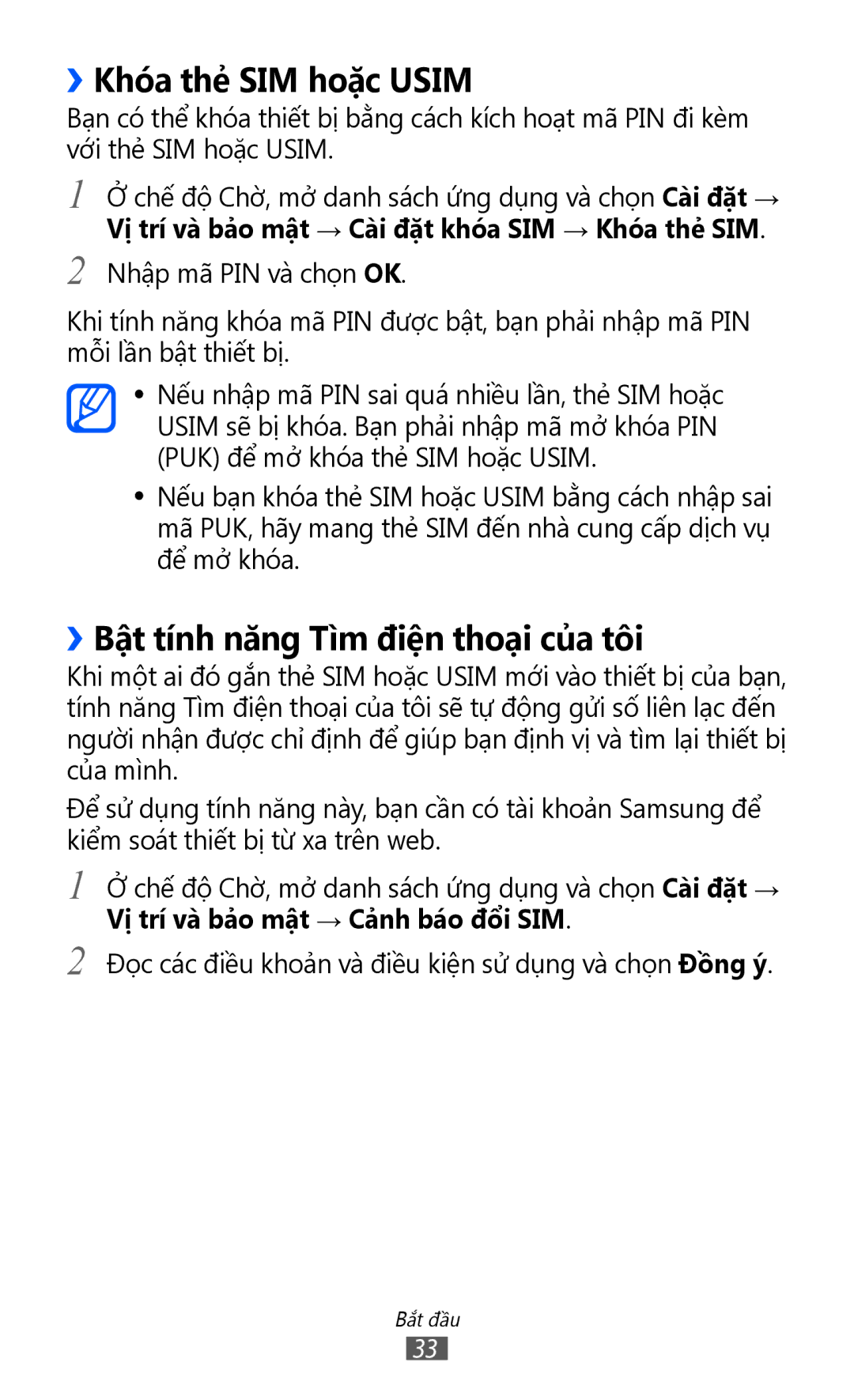 Samsung GT-S6500ZYDXXV manual ››Khóa thẻ SIM hoặc Usim, ››Bật tính năng Tì̀m điện thoạ̣i của tôi 