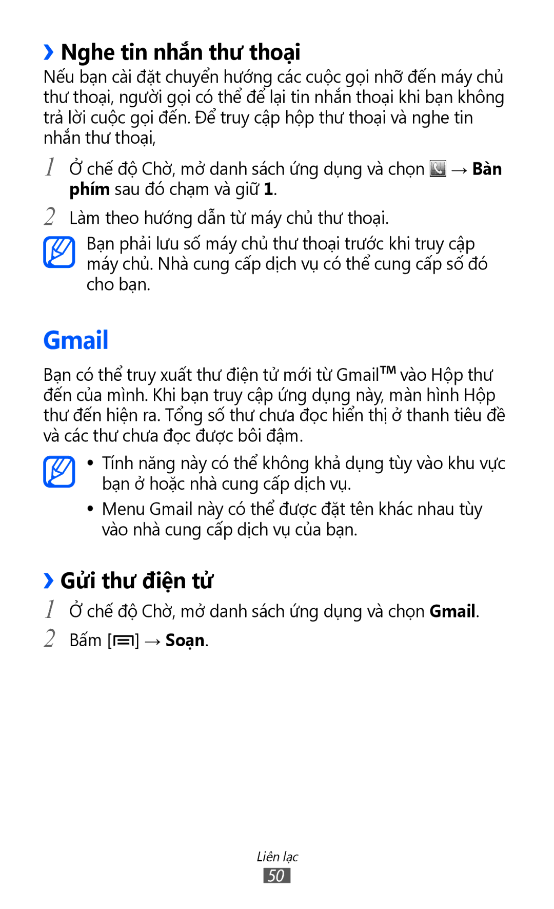 Samsung GT-S6500ZYDXXV manual Gmail, ››Nghe tin nhắn thư thoạ̣i, ››Gửi thư điện tử 