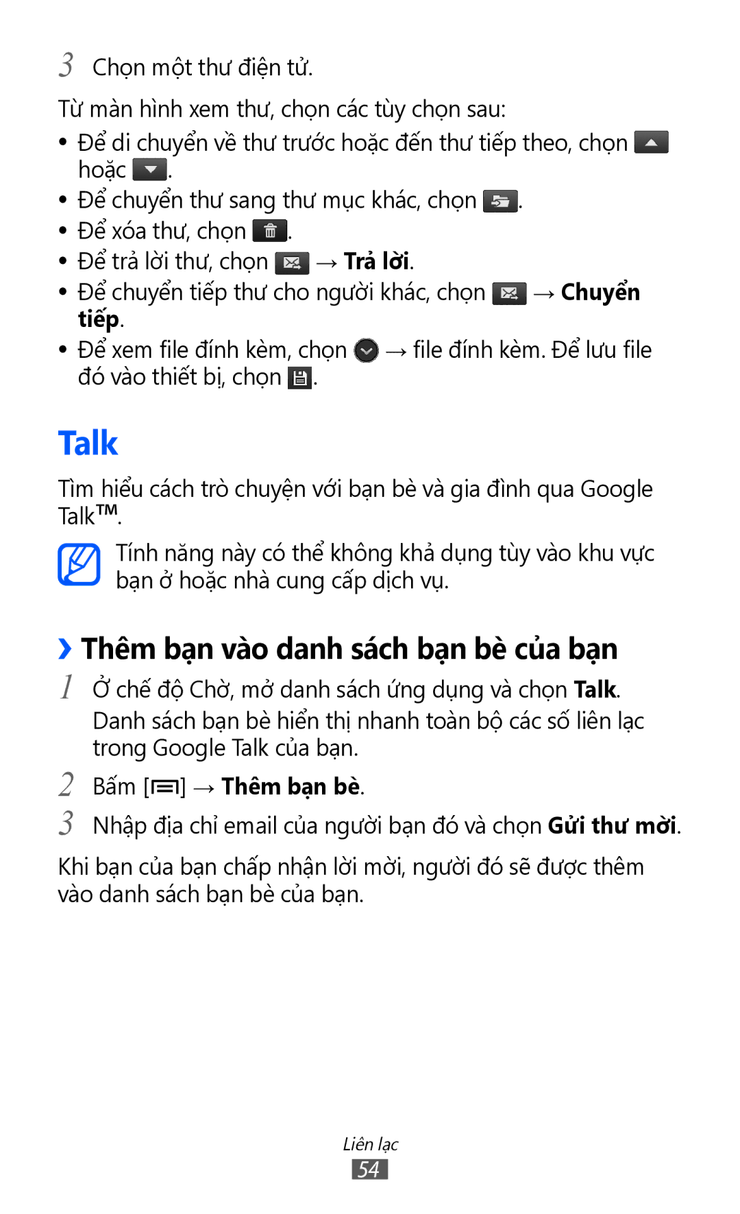 Samsung GT-S6500ZYDXXV manual Talk, ››Thêm bạ̣n vào danh sách bạ̣n bè của bạ̣n, → Trả̉ lờ̀i, Tiếp, Bấm → Thêm bạ̣n bè 