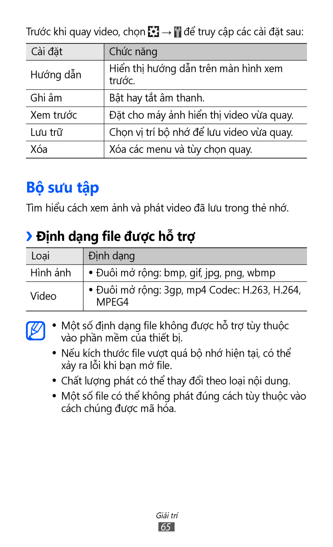 Samsung GT-S6500ZYDXXV manual Bộ sưu tập, Định dạ̣ng file được hỗ trợ 
