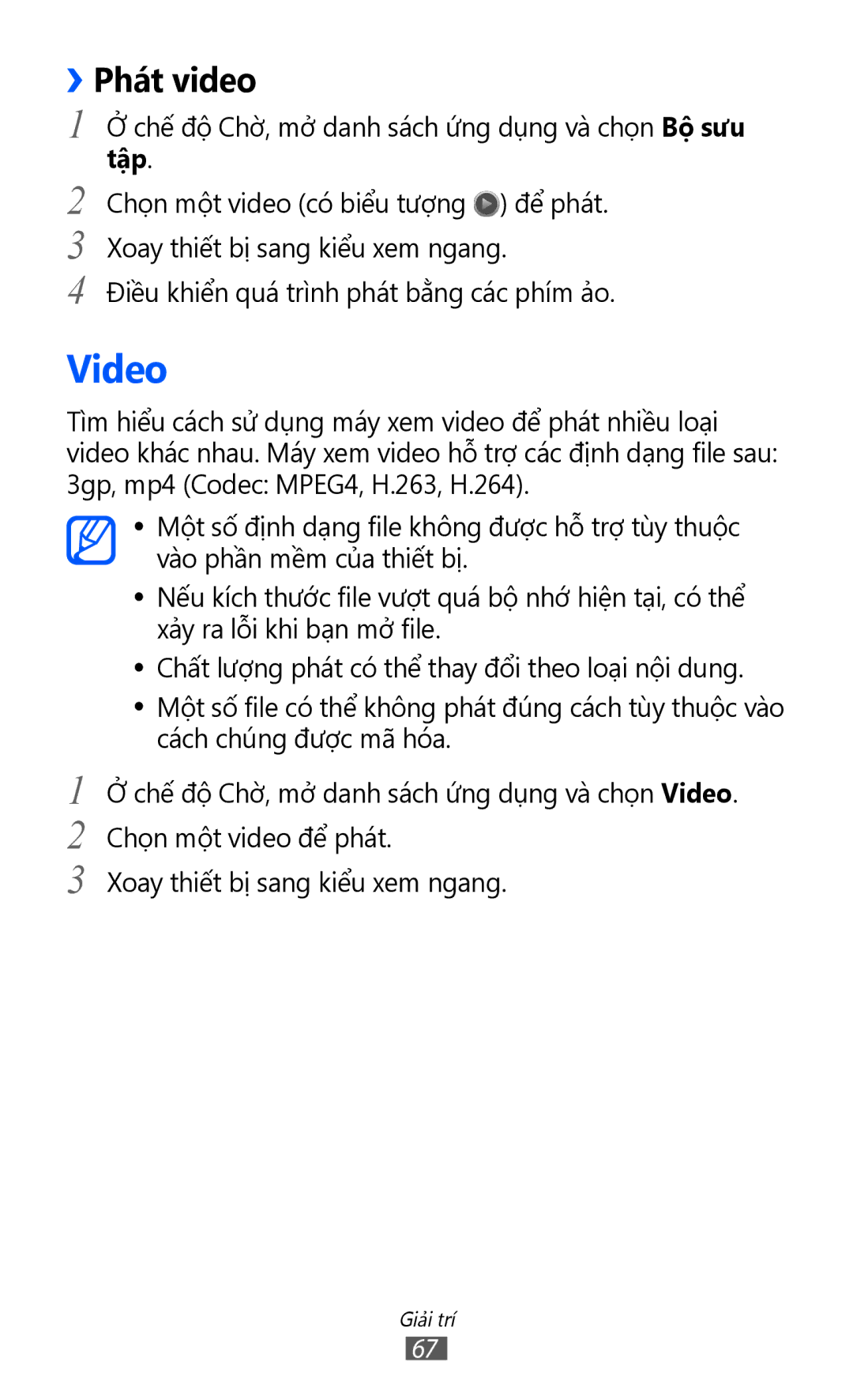Samsung GT-S6500ZYDXXV manual Video, ››Phát video 