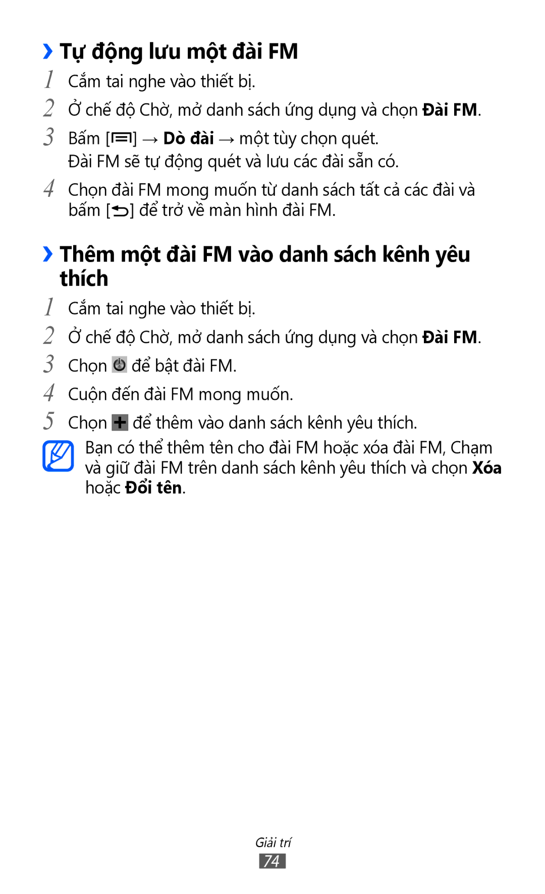 Samsung GT-S6500ZYDXXV manual ››Tự động lưu một đài FM, ››Thêm một đài FM vào danh sách kênh yêu thích 
