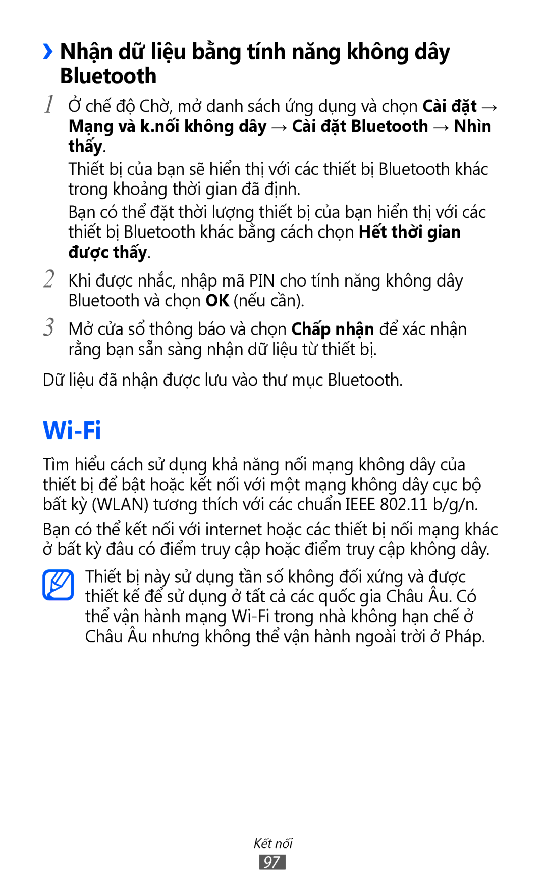 Samsung GT-S6500ZYDXXV manual Wi-Fi, ››Nhận dữ̃ liệu bằng tính năng không dây Bluetooth 