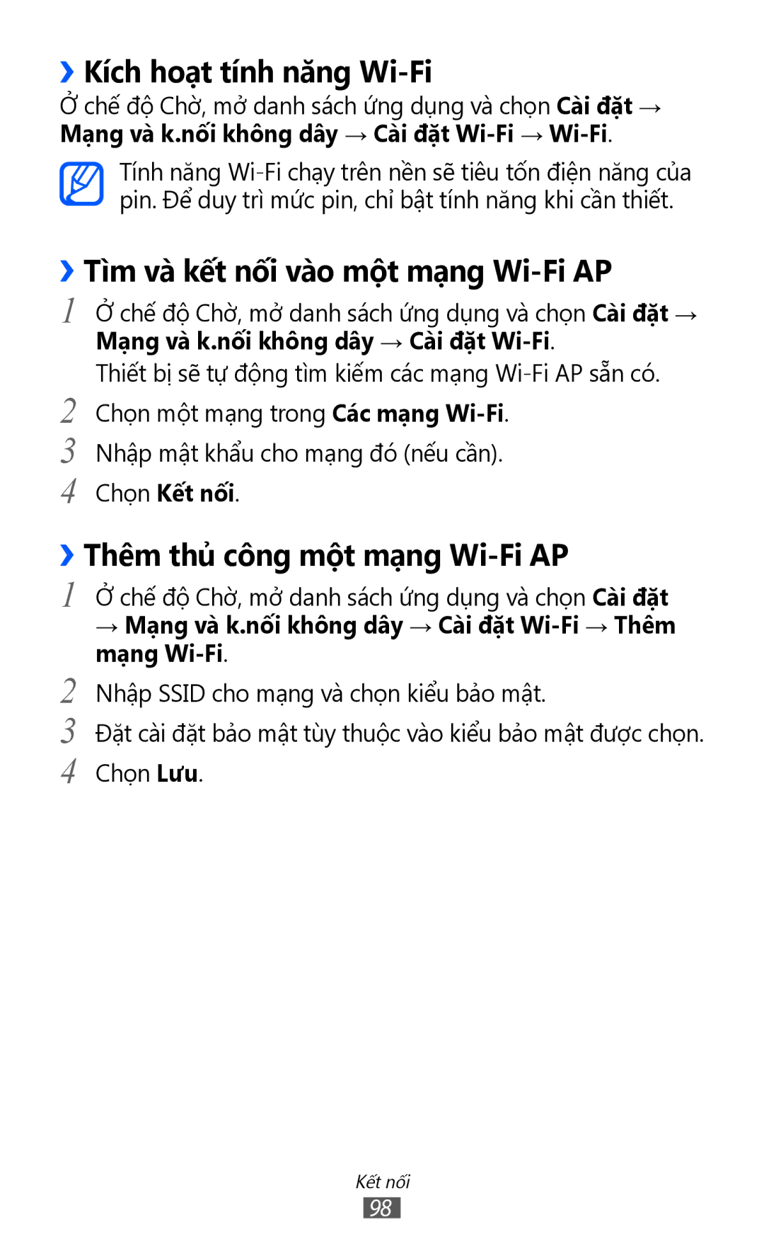 Samsung GT-S6500ZYDXXV manual ››Kích hoạ̣t tính năng Wi-Fi, ››Tì̀m và kết nối vào một mạ̣ng Wi-Fi AP, Chọn Kết nối 
