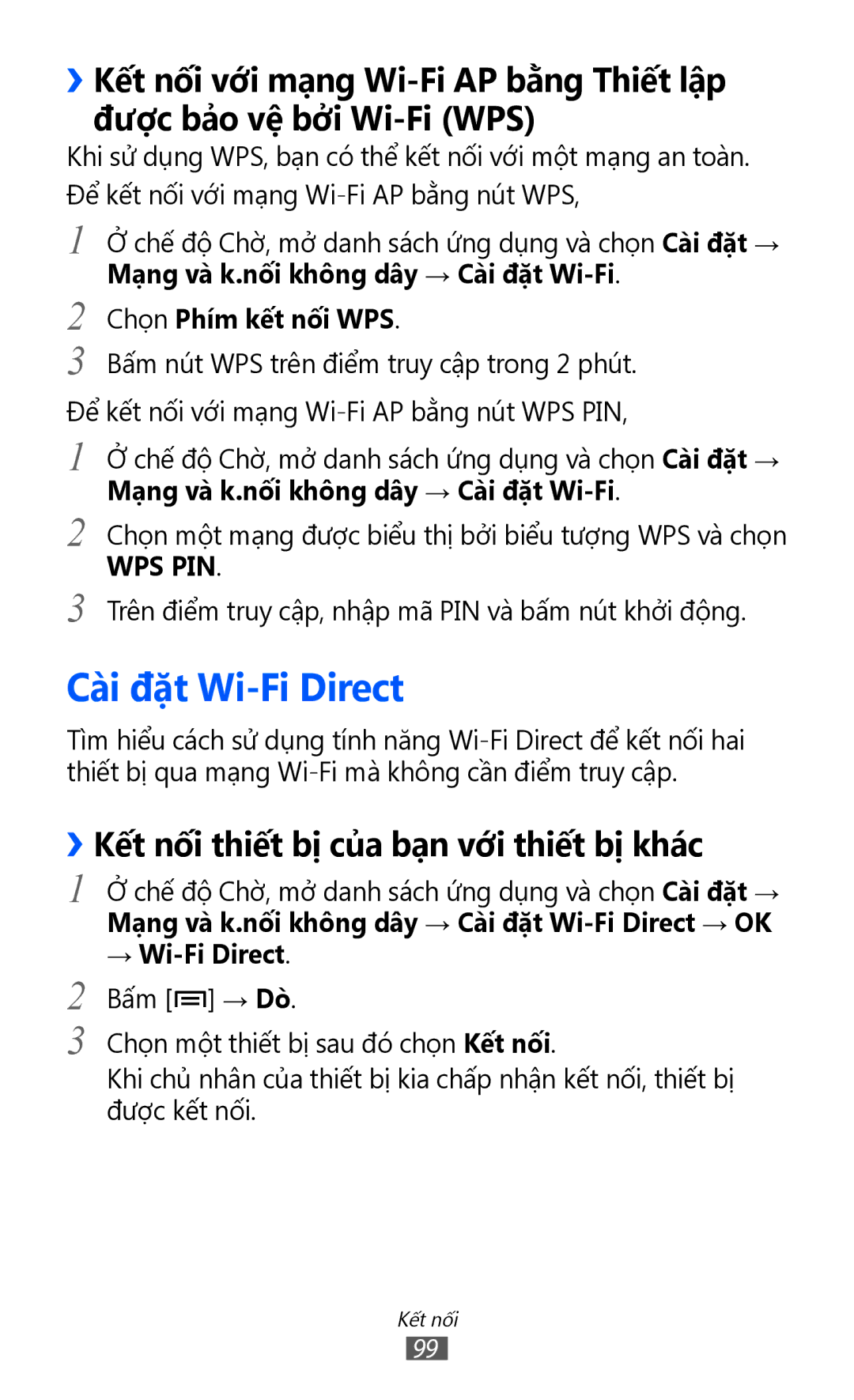 Samsung GT-S6500ZYDXXV manual Cài đặt Wi-Fi Direct, ››Kết nối thiết bị của bạ̣n với thiết bị khác, Chọn Phim kêt nối WPS 