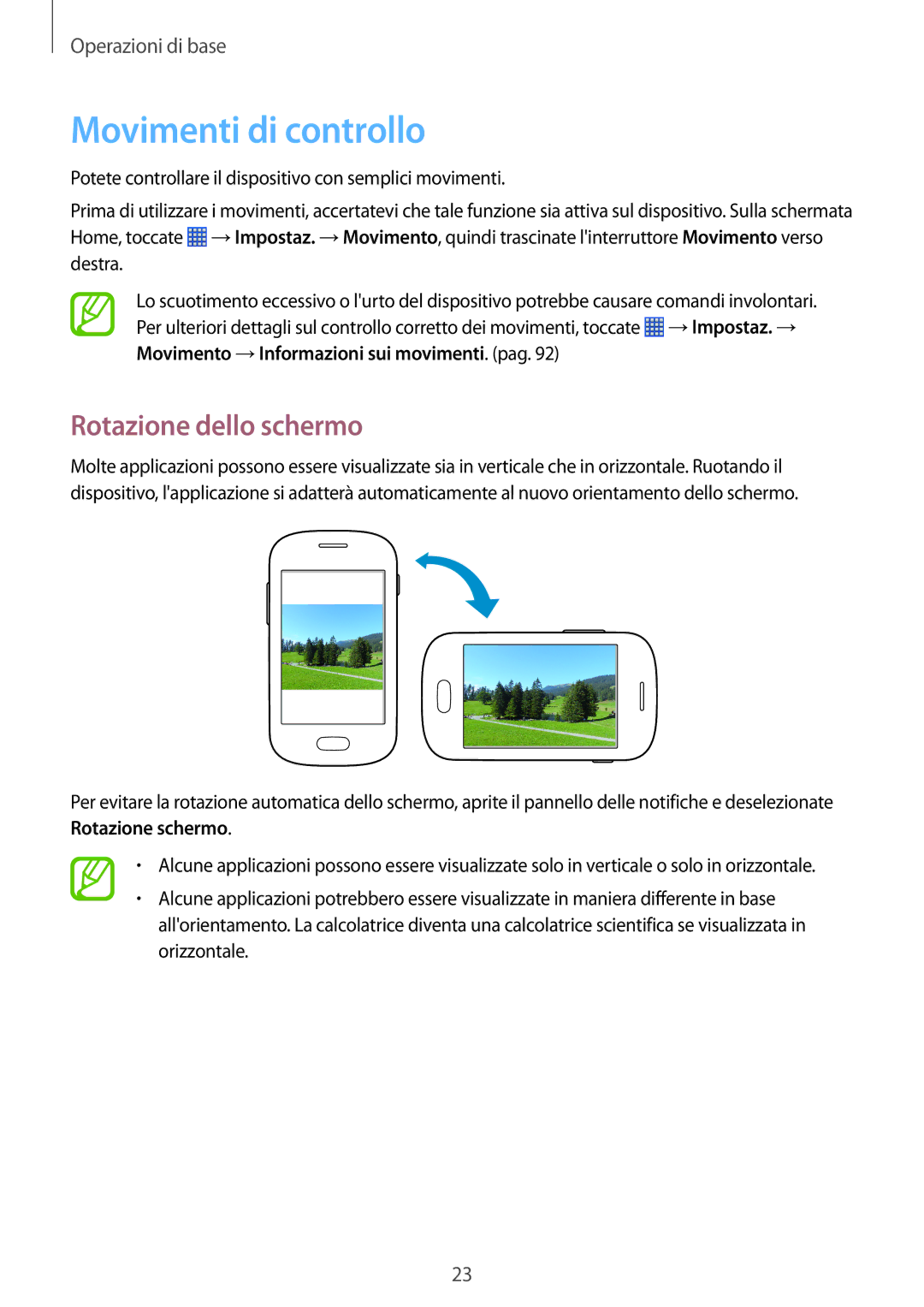 Samsung GT-S6790PWNITV, GT-S6790MKNITV, GT-S6790MKNOMN, GT-S6790MKNTIM manual Movimenti di controllo, Rotazione dello schermo 