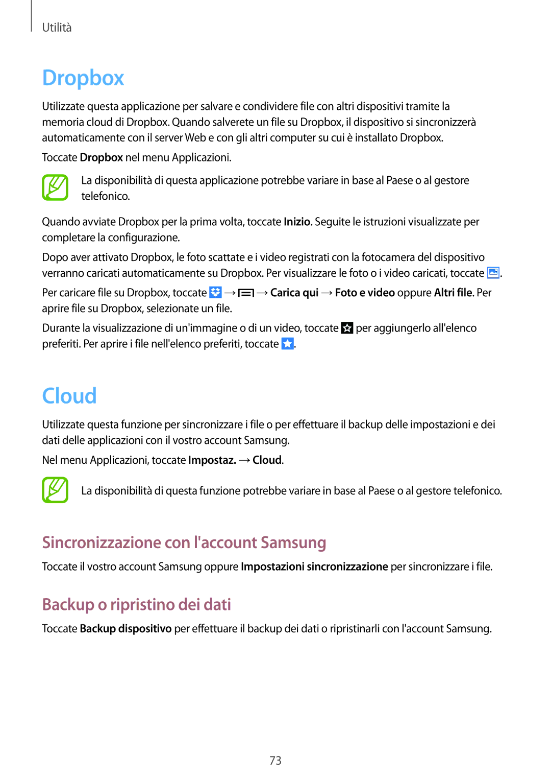 Samsung GT-S6790MKNOMN, GT-S6790MKNITV Dropbox, Cloud, Sincronizzazione con laccount Samsung, Backup o ripristino dei dati 