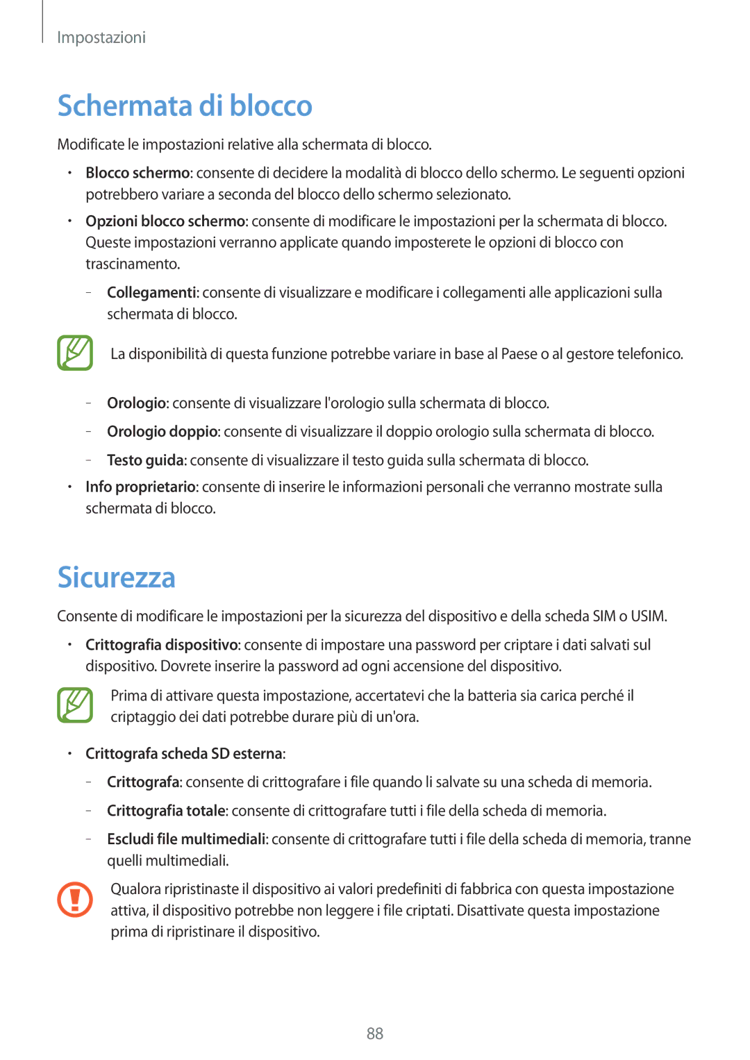 Samsung GT-S6790MKNITV, GT-S6790MKNOMN, GT-S6790MKNTIM manual Schermata di blocco, Sicurezza, Crittografa scheda SD esterna 