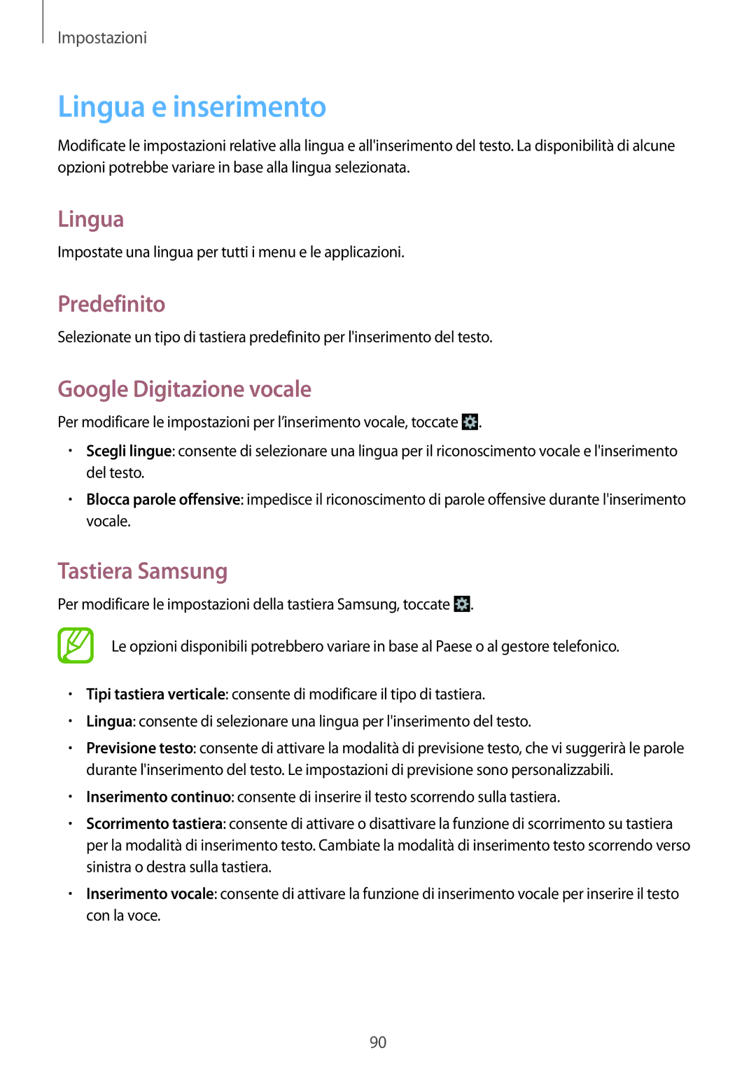 Samsung GT-S6790MKNTIM, GT-S6790MKNITV manual Lingua e inserimento, Predefinito, Google Digitazione vocale, Tastiera Samsung 