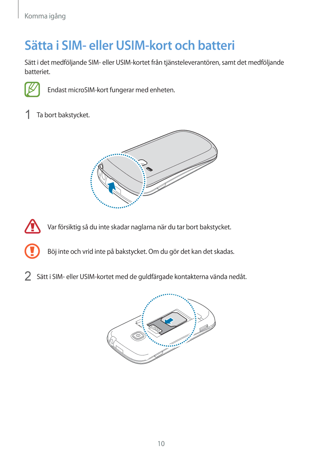 Samsung GT-S6790MKNNEE, GT-S6790PWNNEE manual Sätta i SIM- eller USIM-kort och batteri 