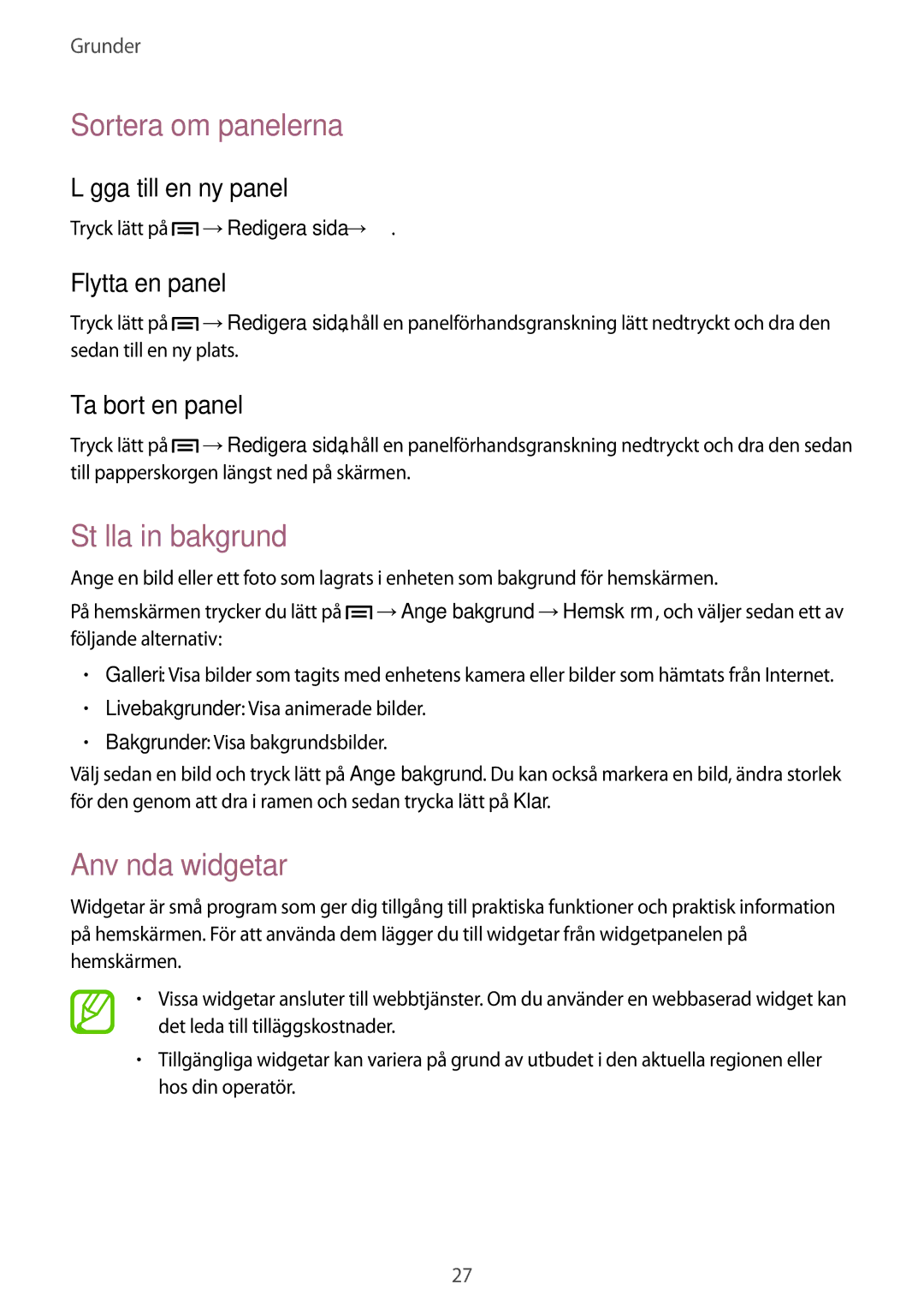 Samsung GT-S6790PWNNEE, GT-S6790MKNNEE manual Sortera om panelerna, Ställa in bakgrund, Använda widgetar 
