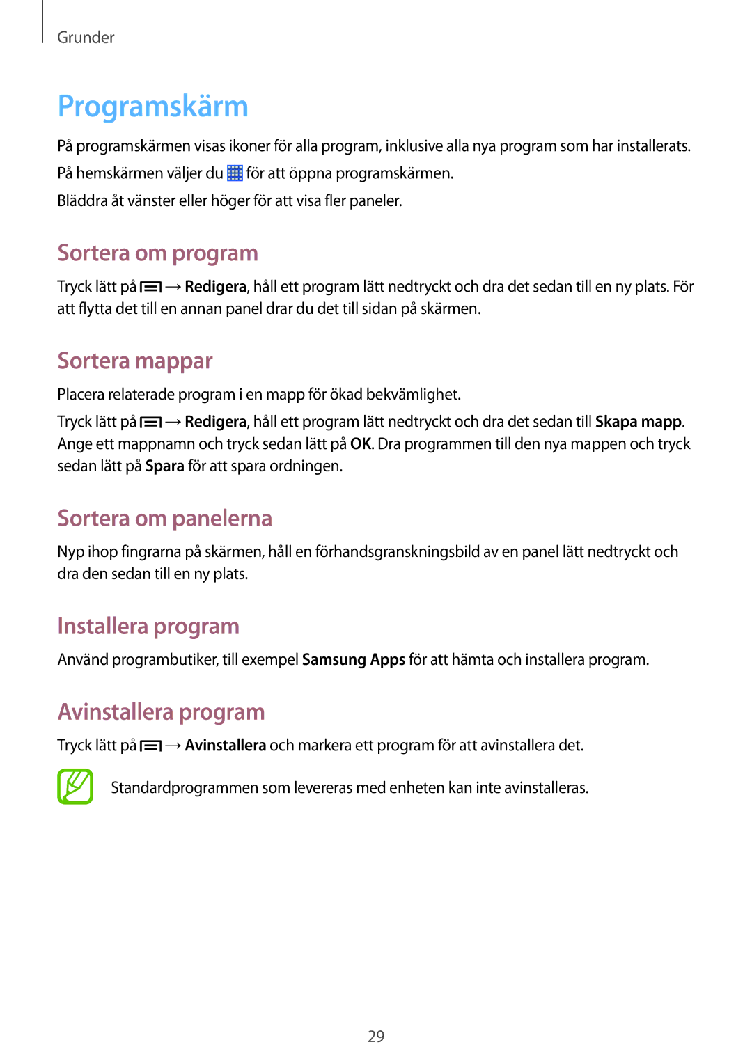 Samsung GT-S6790PWNNEE manual Programskärm, Sortera om program, Sortera mappar, Installera program, Avinstallera program 