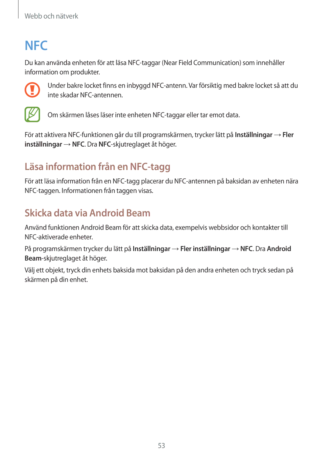 Samsung GT-S6790PWNNEE, GT-S6790MKNNEE manual Läsa information från en NFC-tagg, Skicka data via Android Beam 