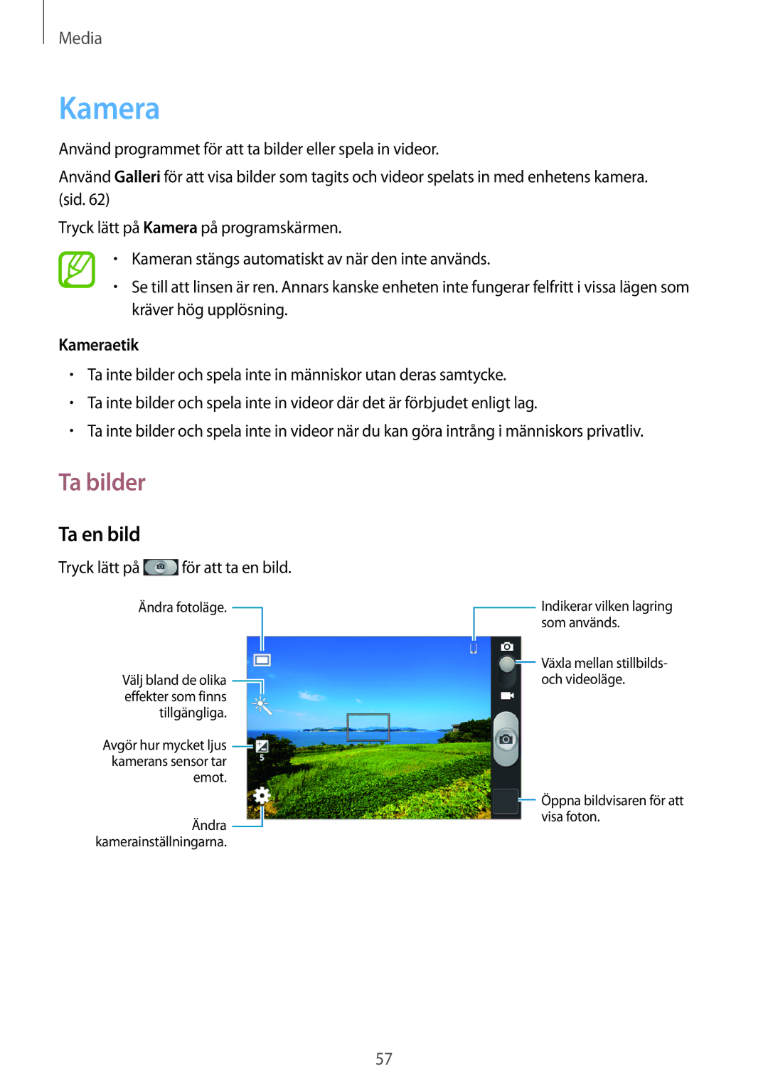 Samsung GT-S6790PWNNEE, GT-S6790MKNNEE manual Ta bilder, Ta en bild, Kameraetik 