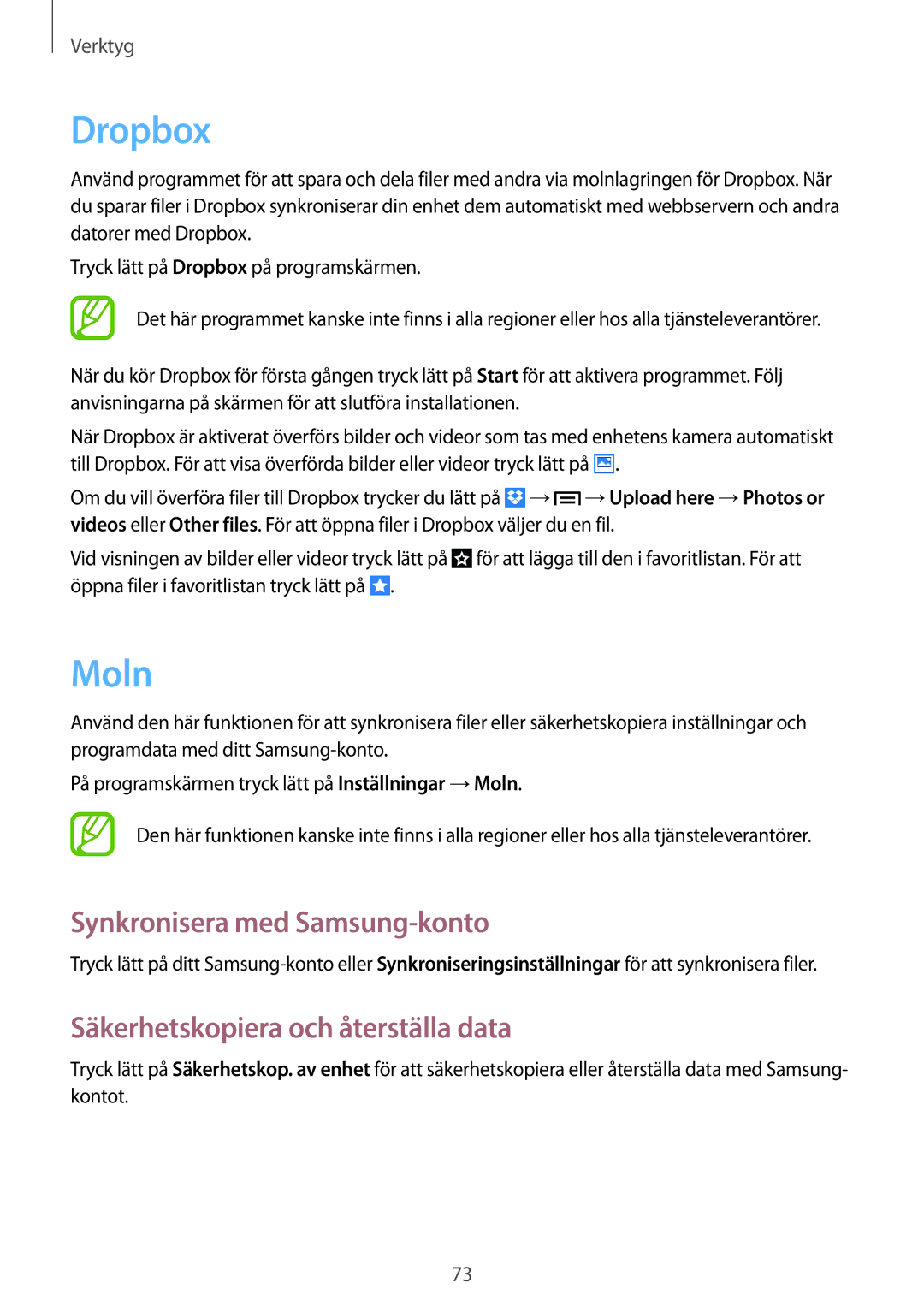 Samsung GT-S6790PWNNEE, GT-S6790MKNNEE Dropbox, Moln, Synkronisera med Samsung-konto, Säkerhetskopiera och återställa data 