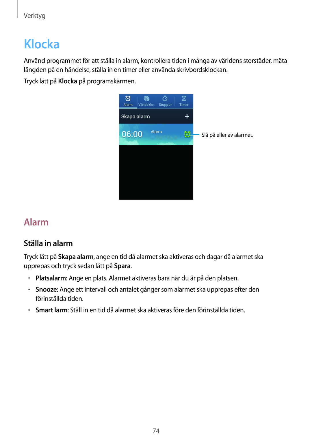 Samsung GT-S6790MKNNEE, GT-S6790PWNNEE manual Klocka, Alarm, Ställa in alarm 