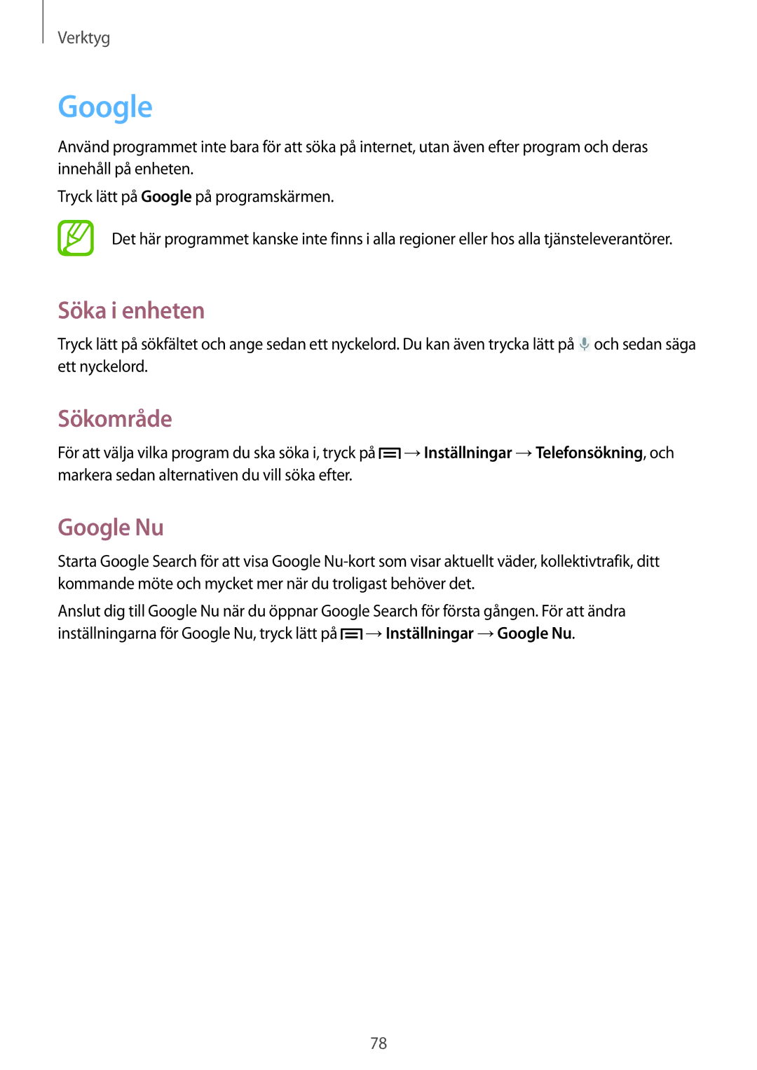 Samsung GT-S6790MKNNEE, GT-S6790PWNNEE manual Söka i enheten, Sökområde, Google Nu 