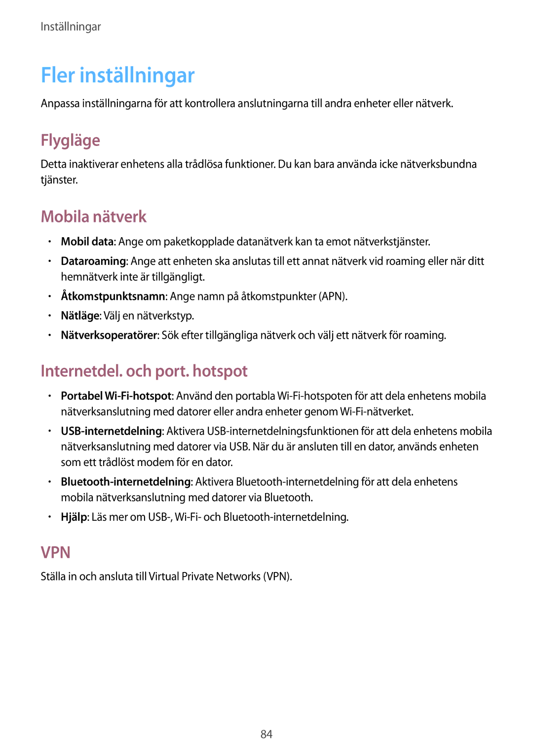 Samsung GT-S6790MKNNEE, GT-S6790PWNNEE manual Fler inställningar, Flygläge, Mobila nätverk, Internetdel. och port. hotspot 