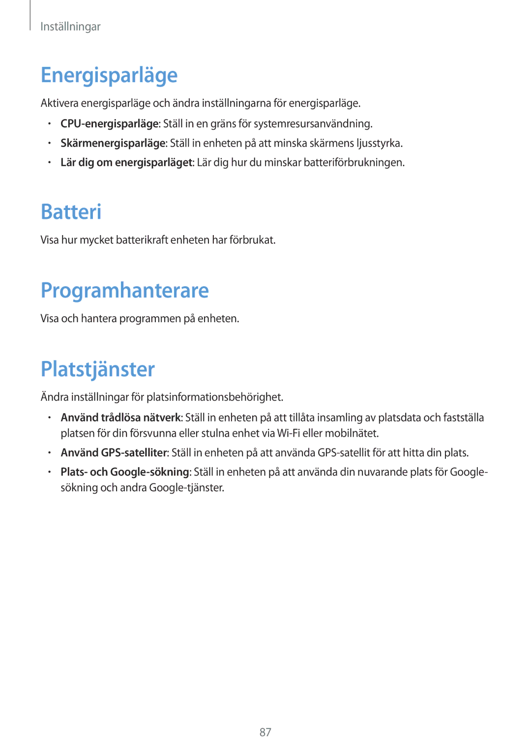 Samsung GT-S6790PWNNEE, GT-S6790MKNNEE manual Energisparläge, Batteri, Programhanterare, Platstjänster 