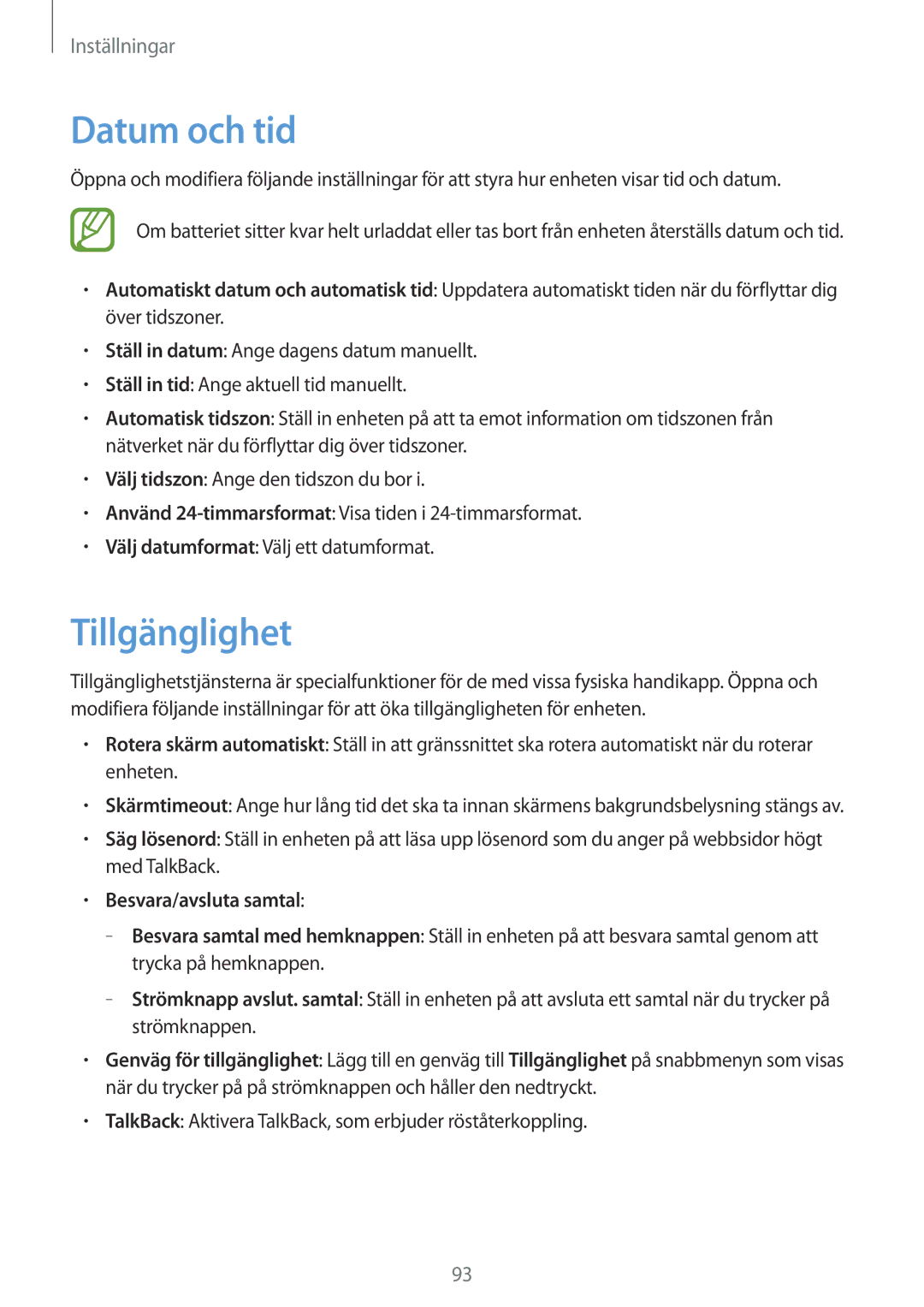 Samsung GT-S6790PWNNEE, GT-S6790MKNNEE manual Datum och tid, Tillgänglighet, Besvara/avsluta samtal 