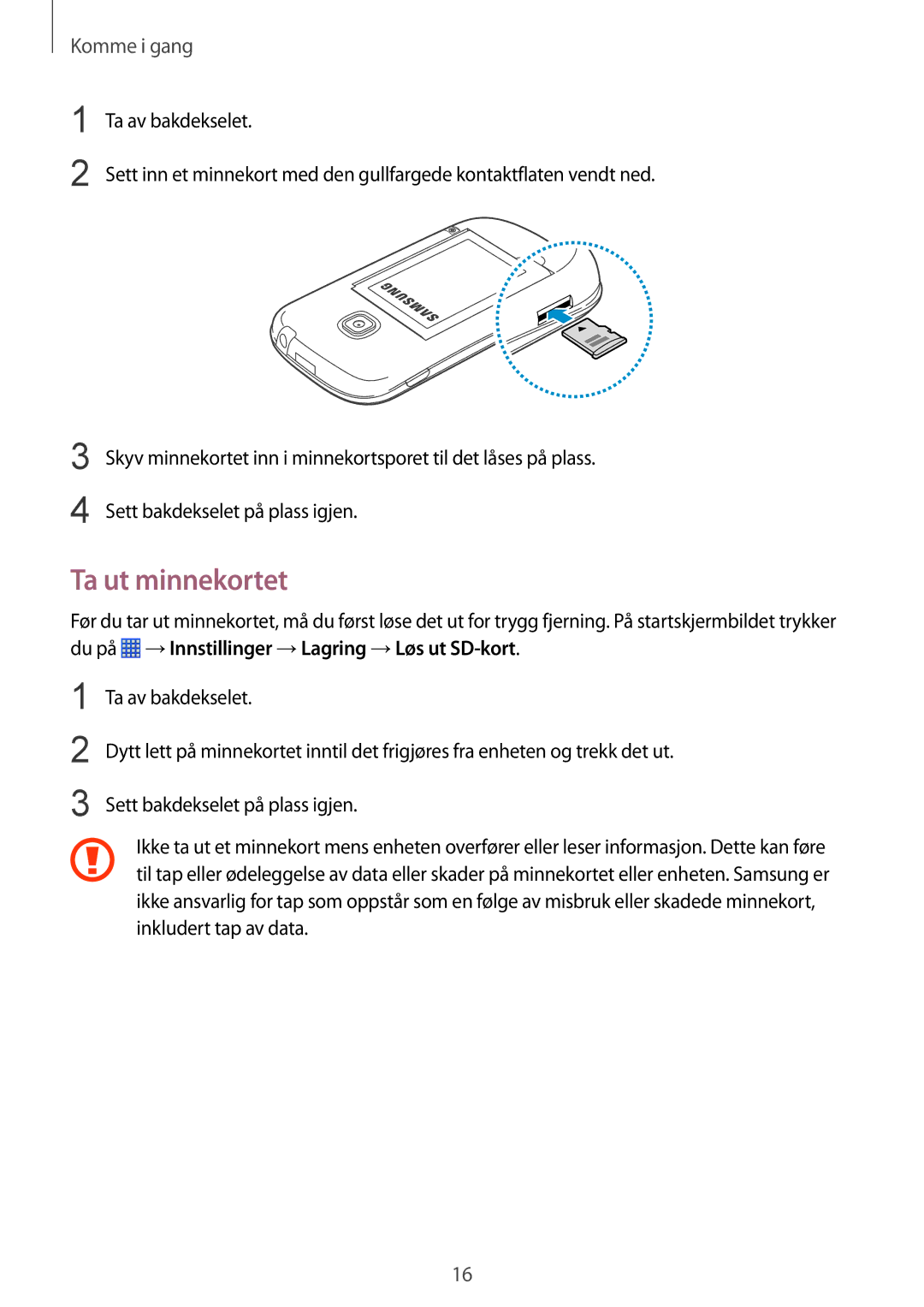 Samsung GT-S6790MKNNEE, GT-S6790PWNNEE manual Ta ut minnekortet 