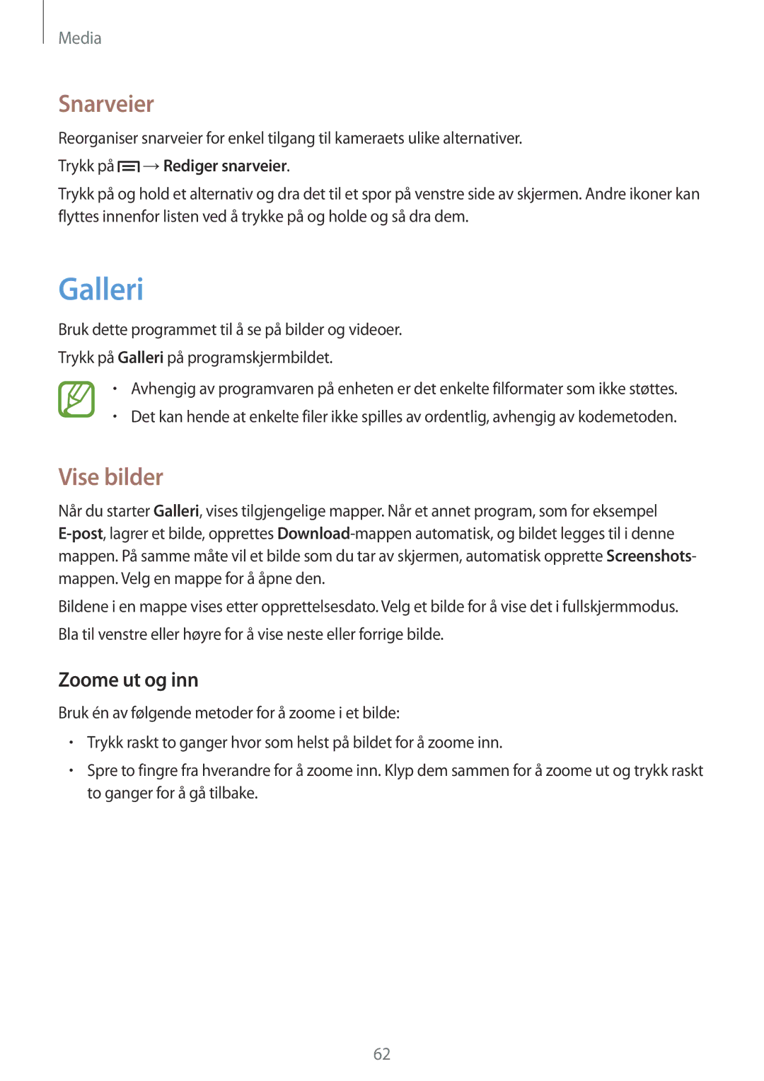 Samsung GT-S6790MKNNEE, GT-S6790PWNNEE manual Galleri, Snarveier, Vise bilder, Zoome ut og inn, Trykk på →Rediger snarveier 