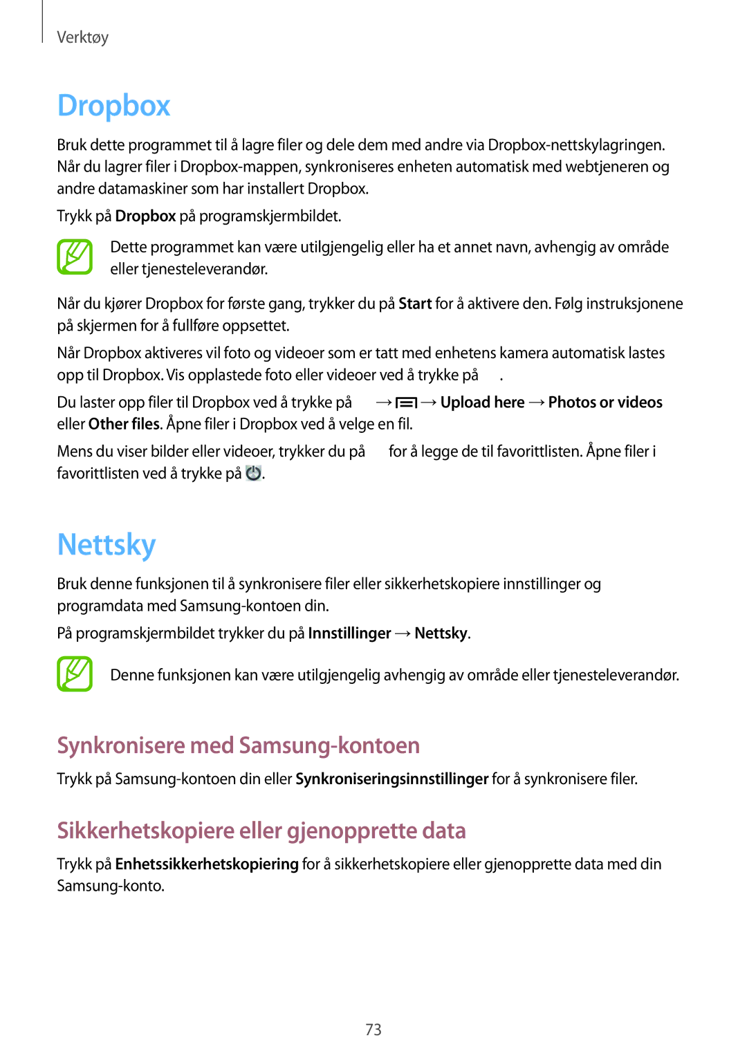 Samsung GT-S6790PWNNEE manual Dropbox, Nettsky, Synkronisere med Samsung-kontoen, Sikkerhetskopiere eller gjenopprette data 