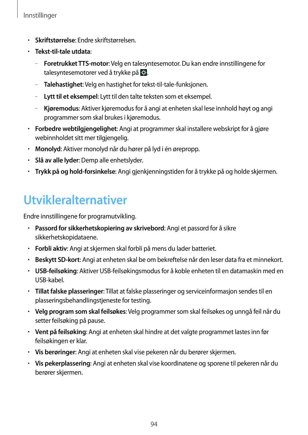 Samsung GT-S6790MKNNEE manual Utvikleralternativer, Tekst-til-tale utdata, Endre innstillingene for programutvikling 
