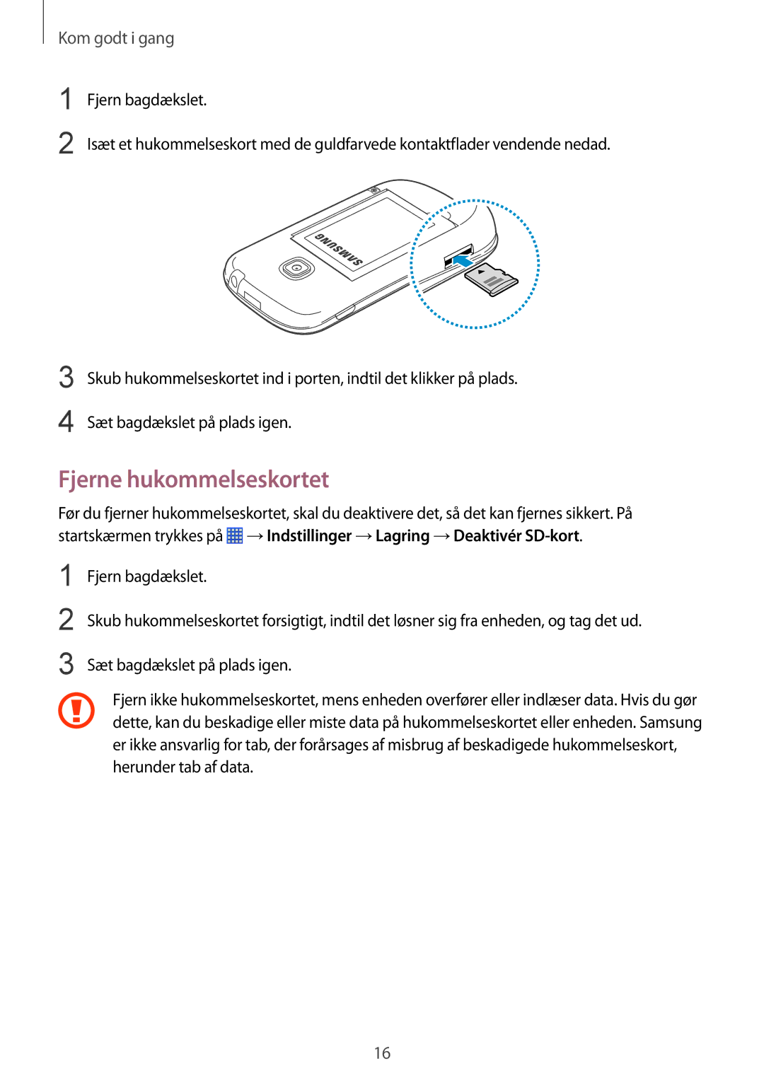 Samsung GT-S6790MKNNEE, GT-S6790PWNNEE manual Fjerne hukommelseskortet 