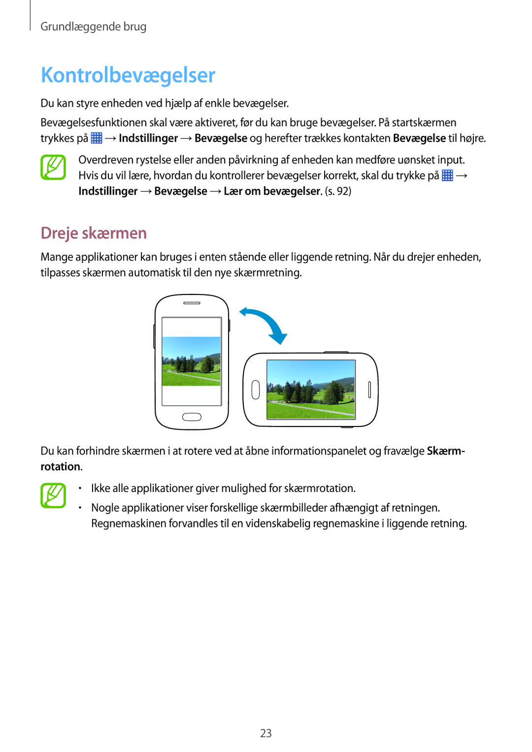 Samsung GT-S6790PWNNEE, GT-S6790MKNNEE manual Kontrolbevægelser, Dreje skærmen 