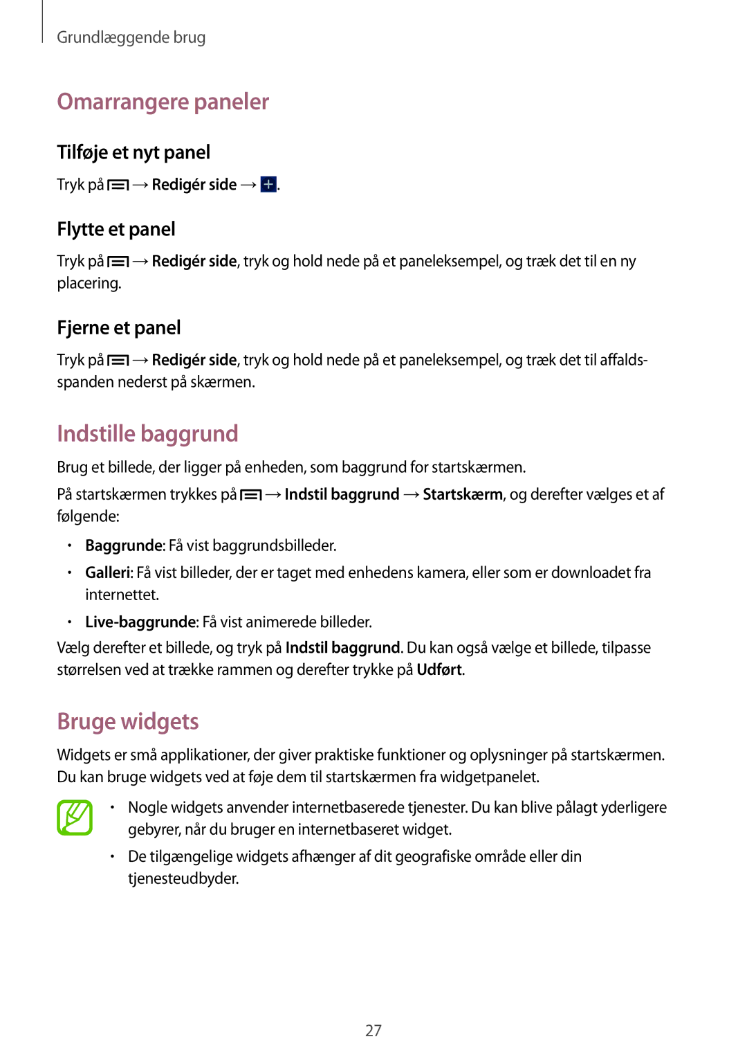 Samsung GT-S6790PWNNEE, GT-S6790MKNNEE manual Omarrangere paneler, Indstille baggrund, Bruge widgets 