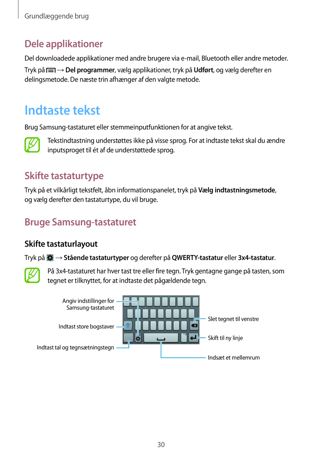 Samsung GT-S6790MKNNEE, GT-S6790PWNNEE Indtaste tekst, Dele applikationer, Skifte tastaturtype, Bruge Samsung-tastaturet 