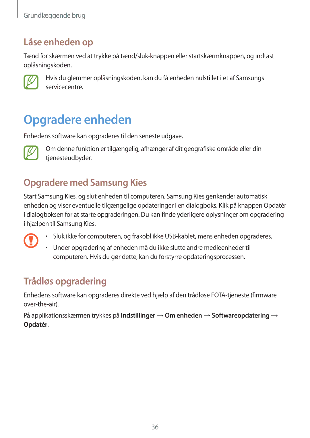 Samsung GT-S6790MKNNEE, GT-S6790PWNNEE Opgradere enheden, Låse enheden op, Opgradere med Samsung Kies, Trådløs opgradering 