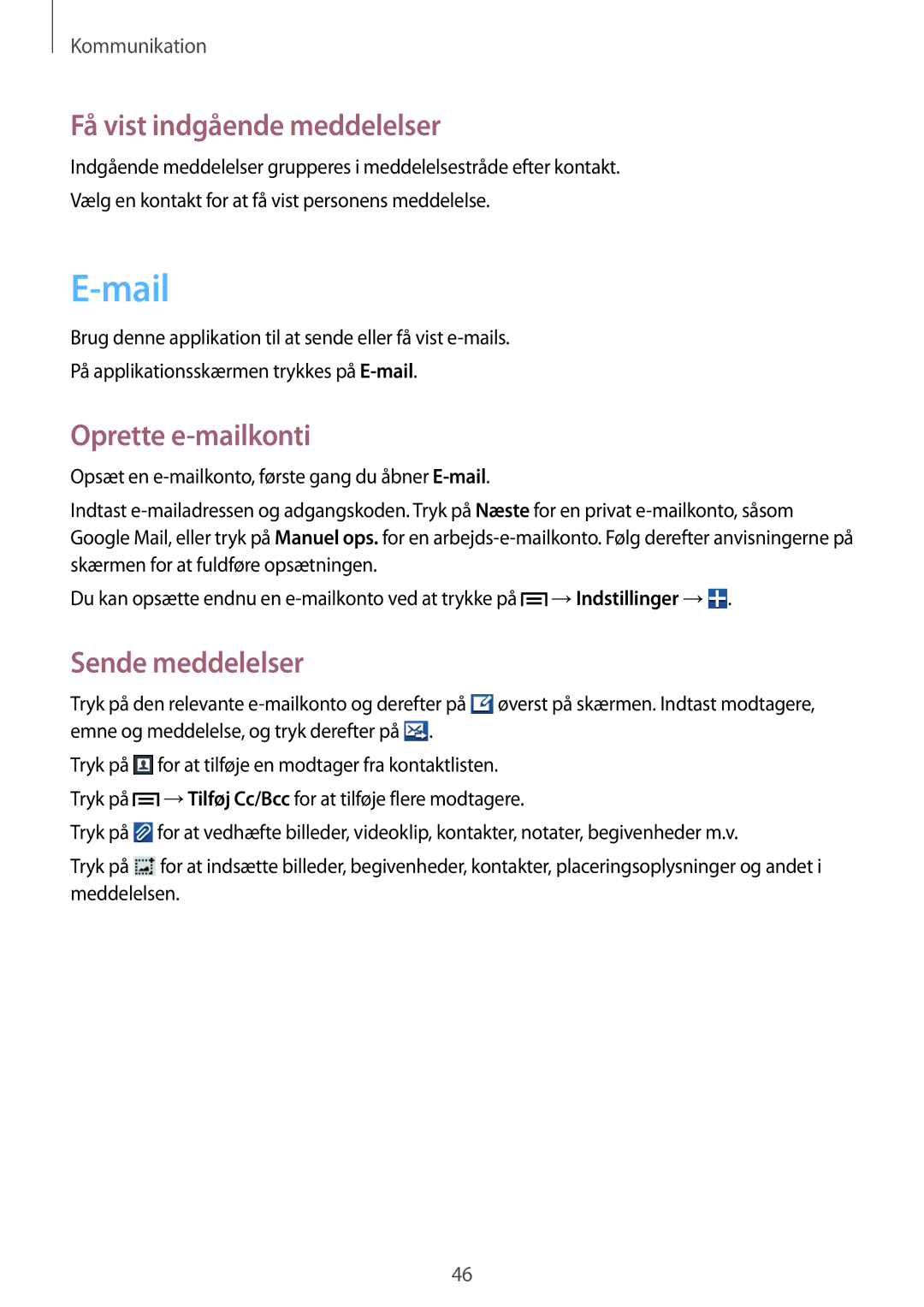 Samsung GT-S6790MKNNEE, GT-S6790PWNNEE manual Mail, Få vist indgående meddelelser, Oprette e-mailkonti 