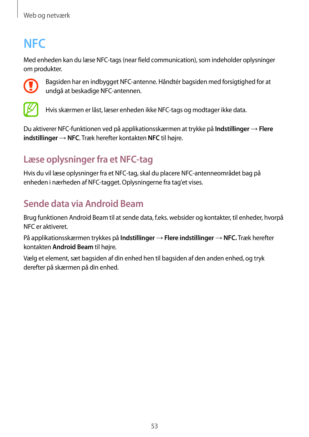 Samsung GT-S6790PWNNEE, GT-S6790MKNNEE manual Læse oplysninger fra et NFC-tag, Sende data via Android Beam 