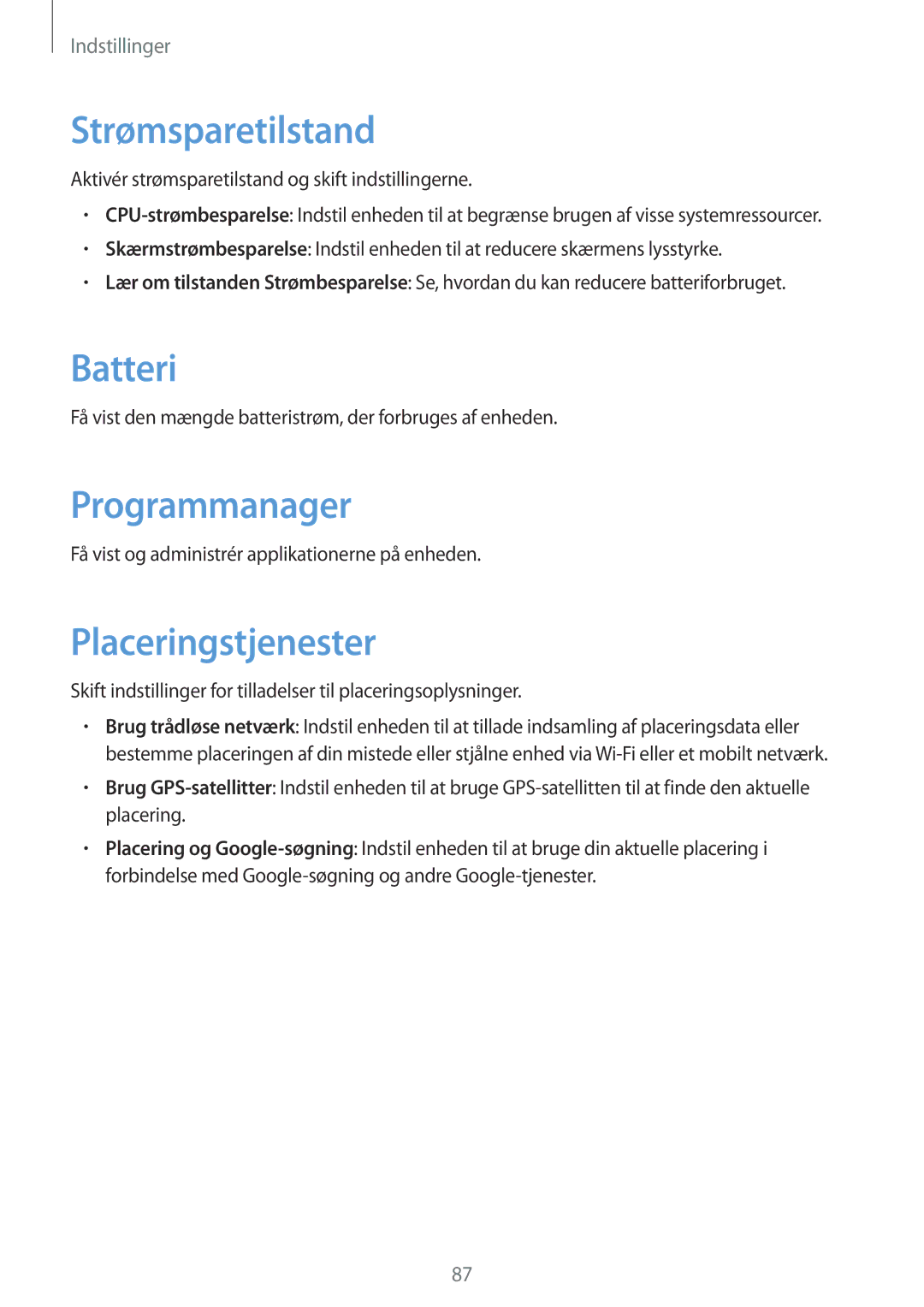 Samsung GT-S6790PWNNEE, GT-S6790MKNNEE manual Strømsparetilstand, Batteri, Programmanager, Placeringstjenester 