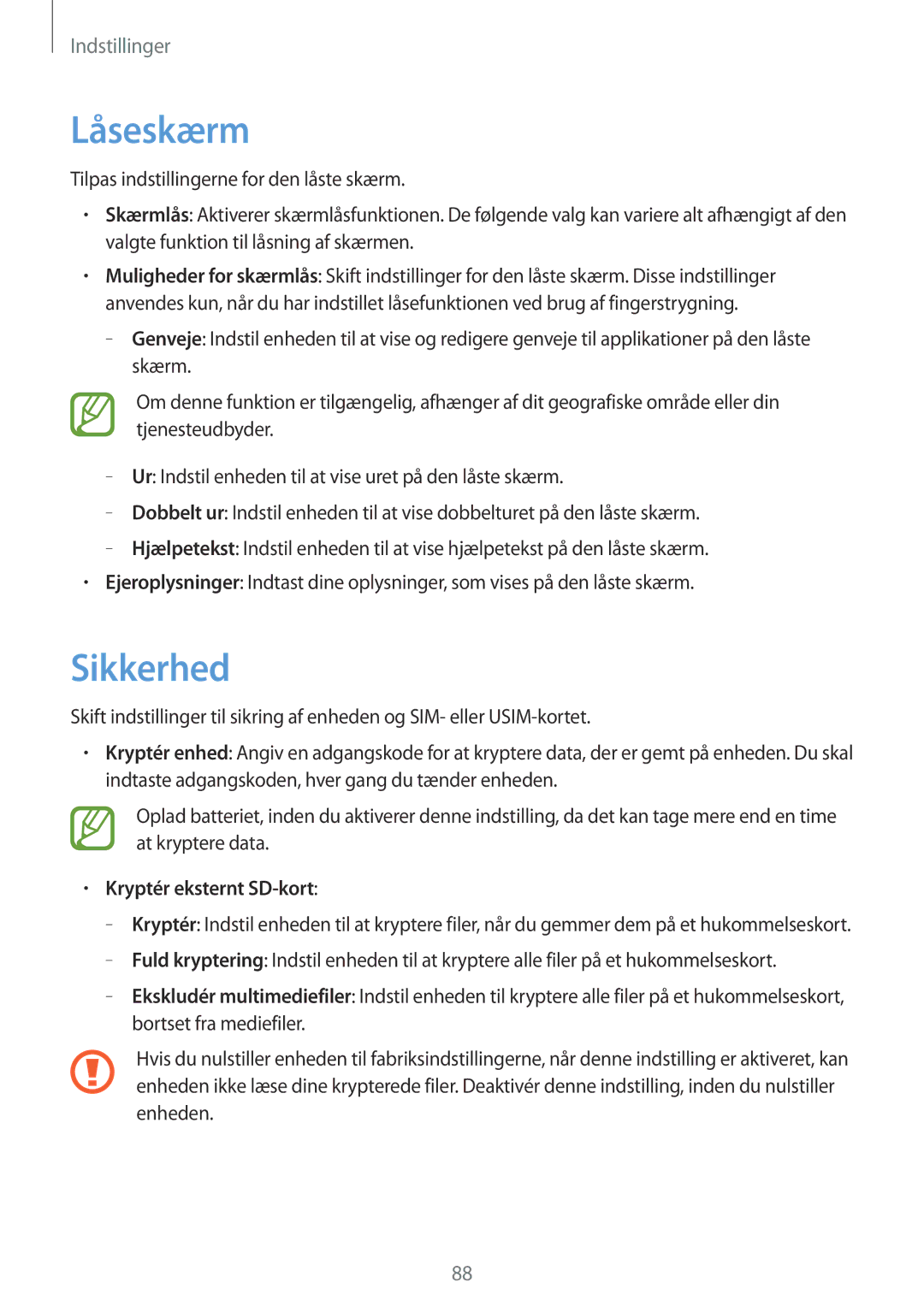 Samsung GT-S6790MKNNEE, GT-S6790PWNNEE manual Låseskærm, Sikkerhed, Kryptér eksternt SD-kort 