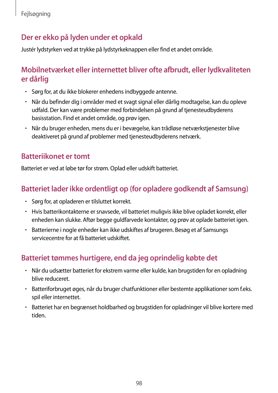 Samsung GT-S6790MKNNEE, GT-S6790PWNNEE manual Der er ekko på lyden under et opkald 