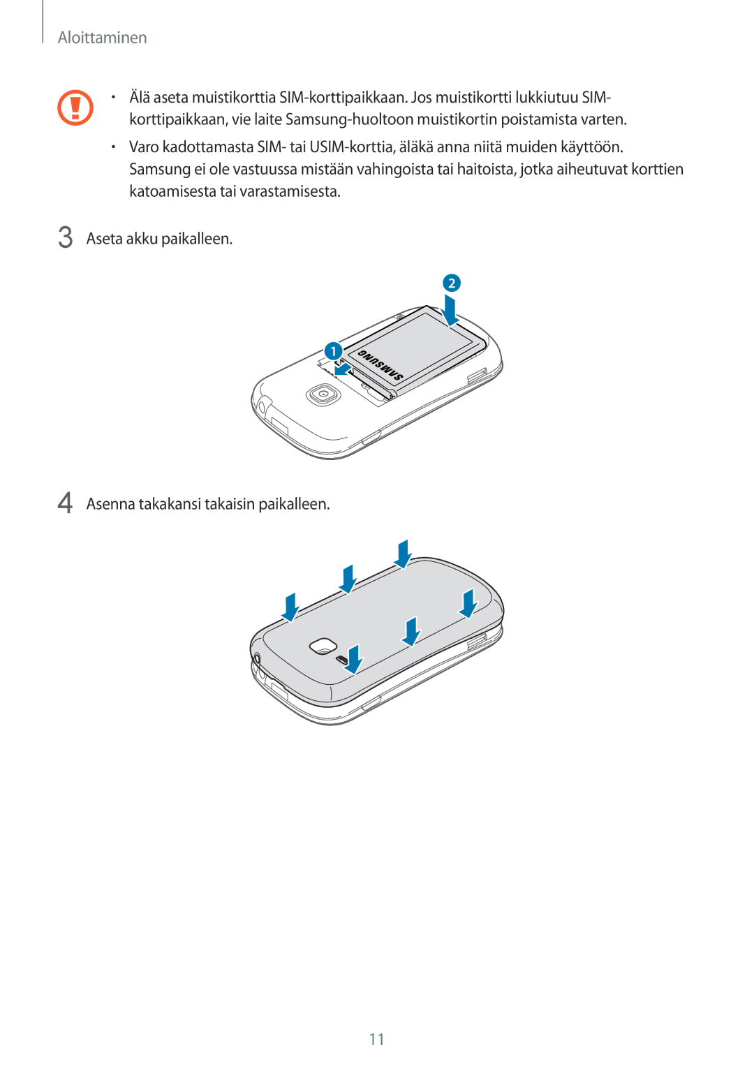 Samsung GT-S6790PWNNEE, GT-S6790MKNNEE manual Aloittaminen 