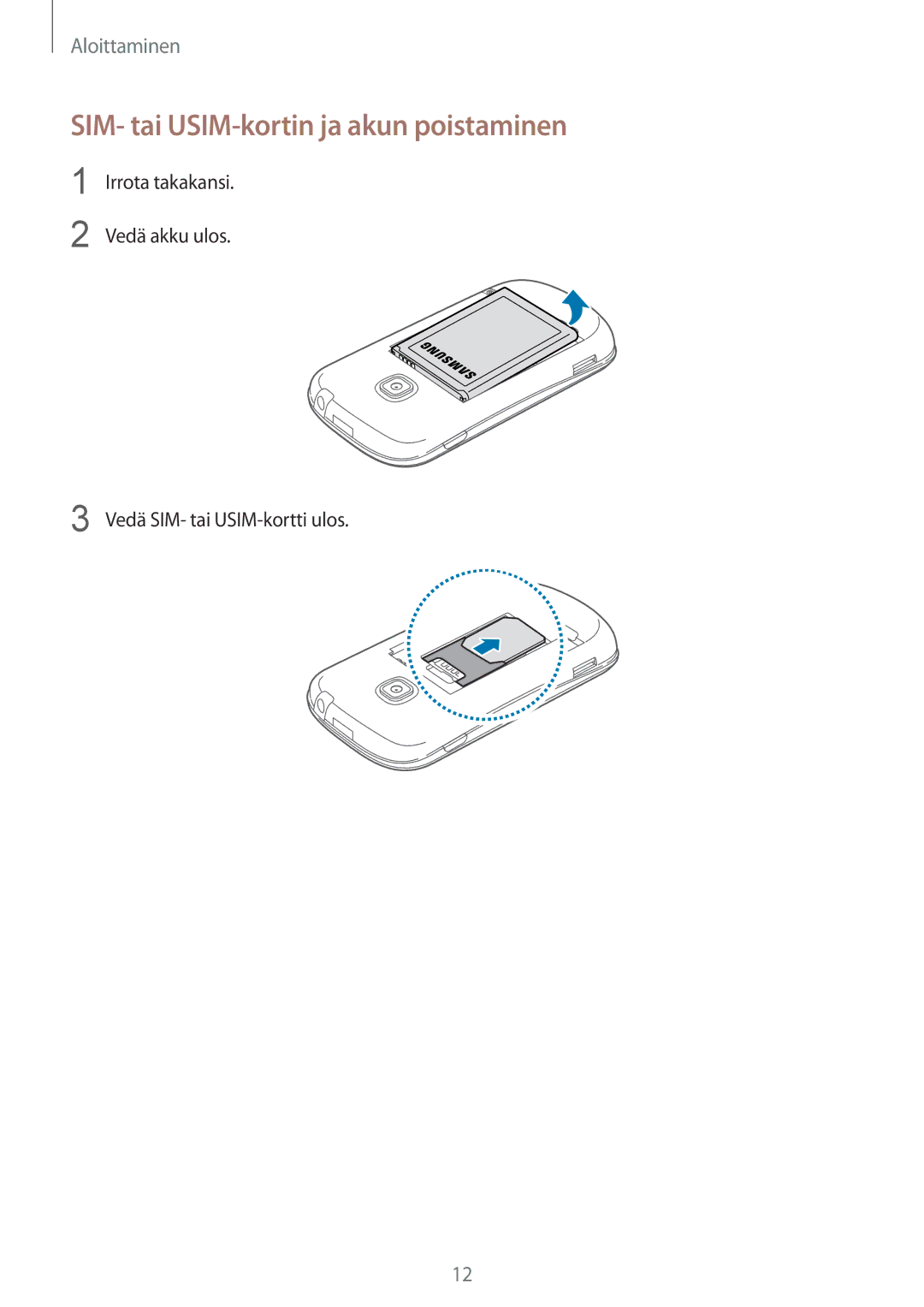 Samsung GT-S6790MKNNEE, GT-S6790PWNNEE manual SIM- tai USIM-kortin ja akun poistaminen, Vedä SIM- tai USIM-kortti ulos 