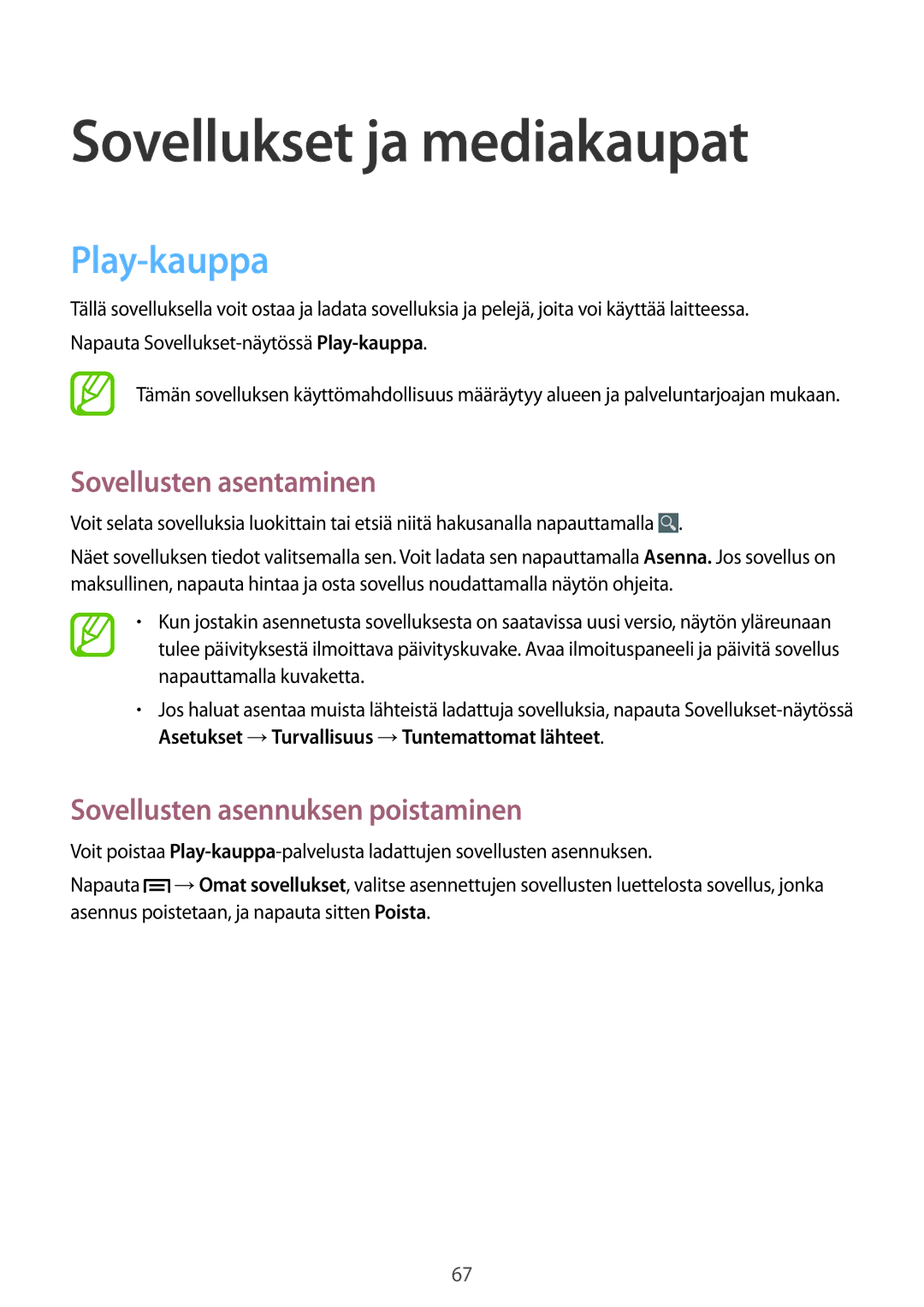 Samsung GT-S6790PWNNEE, GT-S6790MKNNEE manual Sovellukset ja mediakaupat, Play-kauppa 